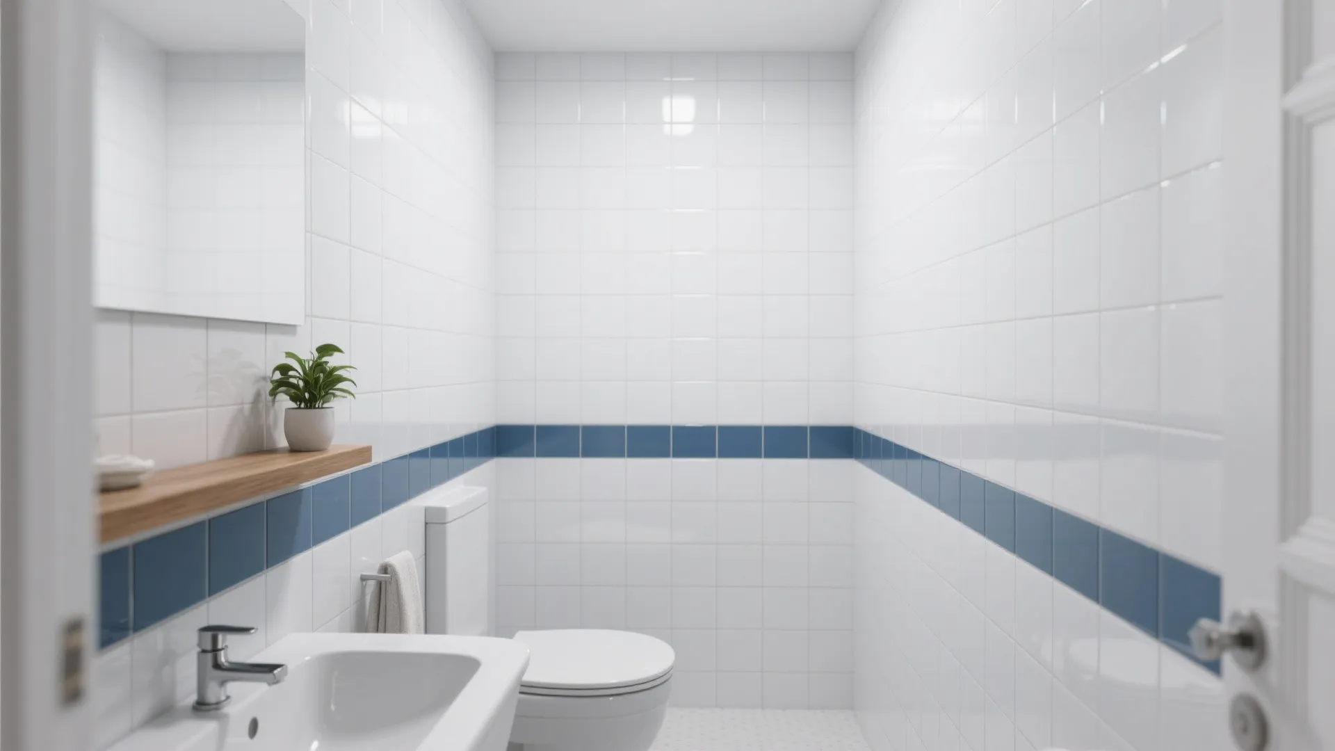 4. Crisp White Field Tiles with Blue Trim