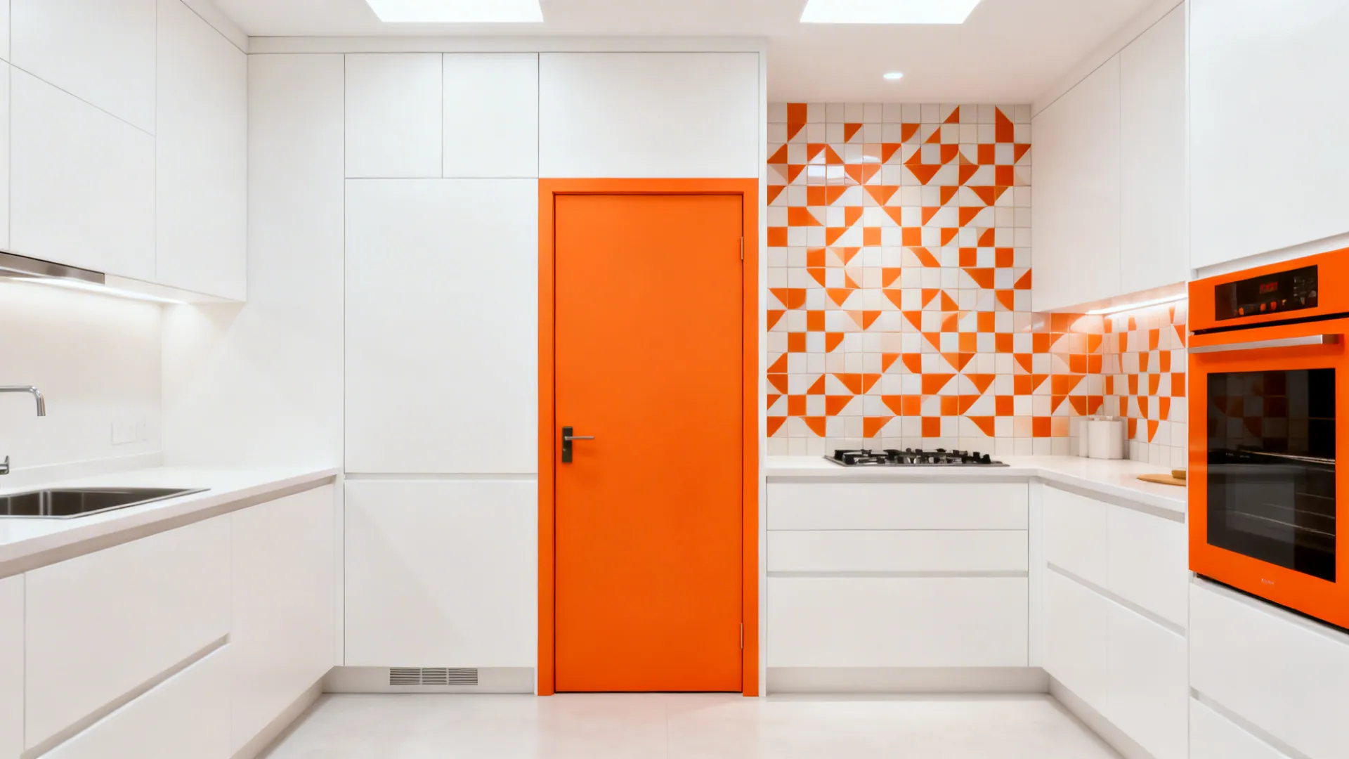 White kitchen with a single orange pantry door and geometric orange-accent backsplash tiles.