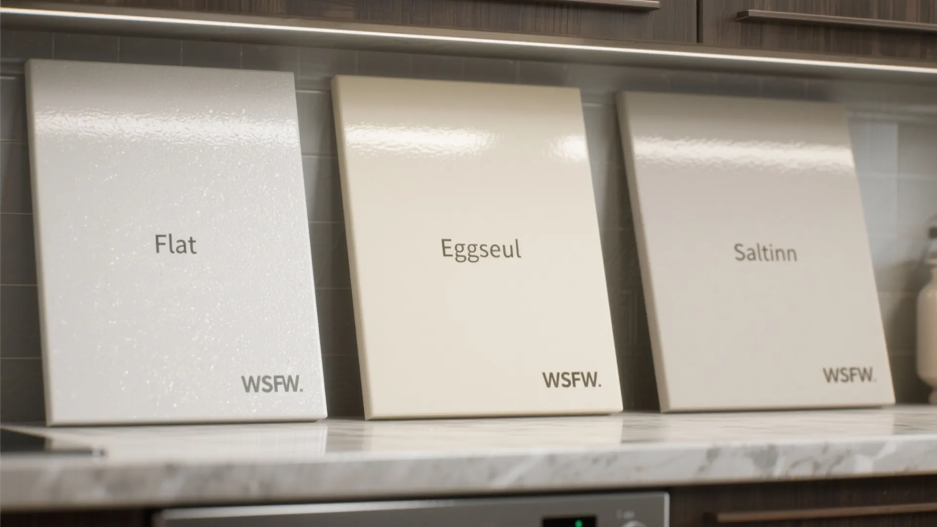 Close-up of satin, eggshell, and flat white paint finishes showing sheen and texture.