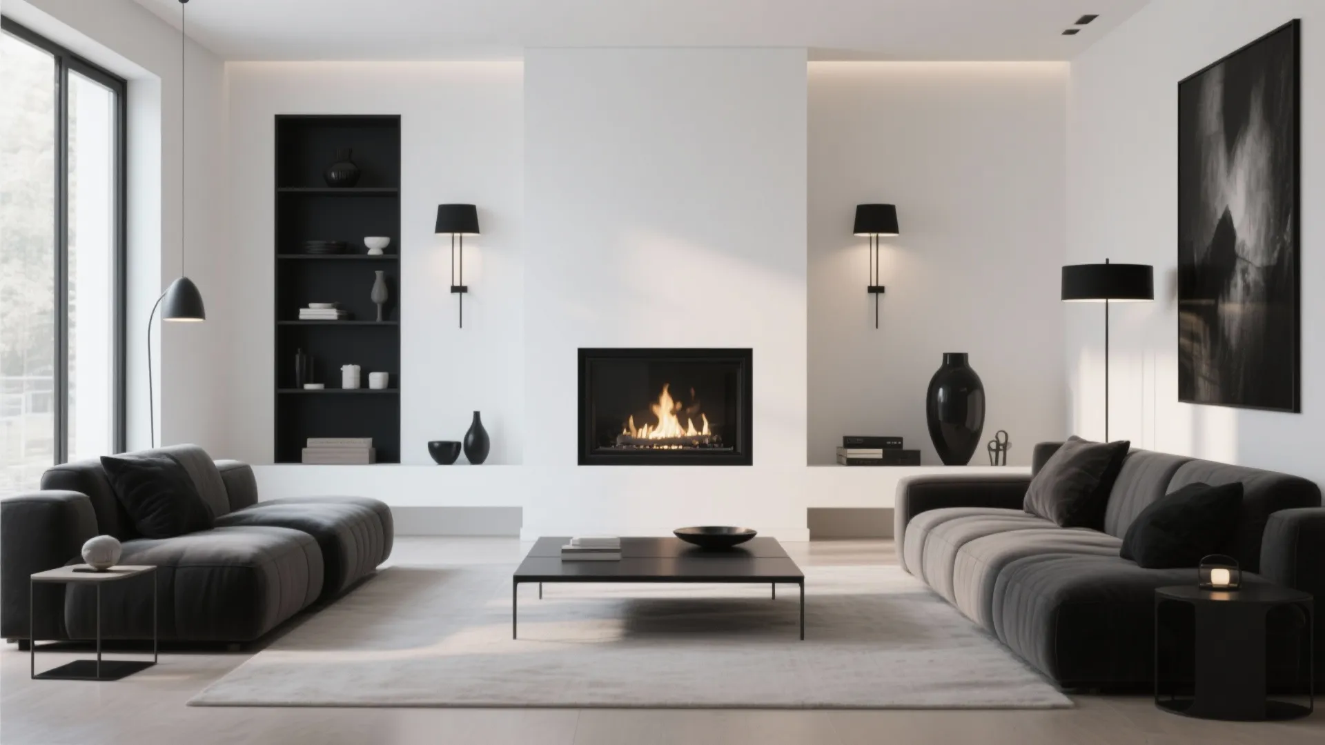 5. Modern White Fireplace with Black Accents