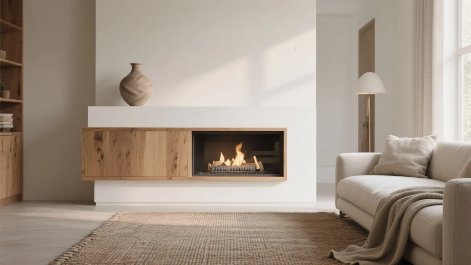 Interior design drawing with modern fireplace wooden cabinet cream sofa floor lamp and jute rug