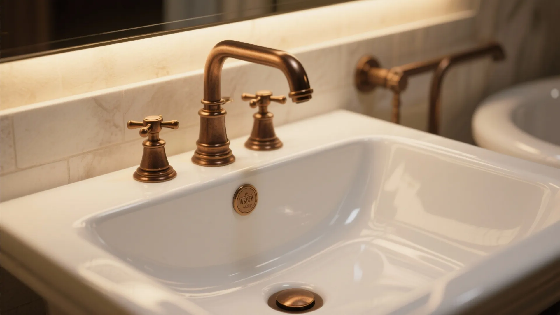 4. White fixtures with brown brass or bronze hardware