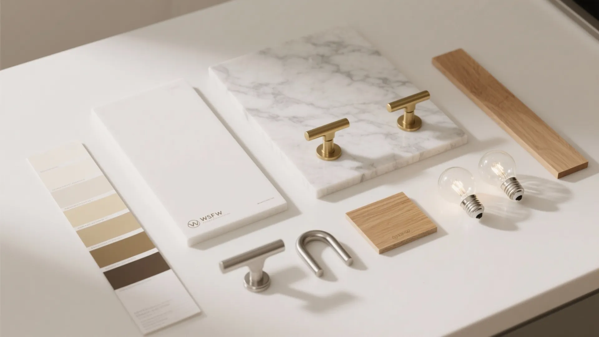 Material flatlay for interior design featuring marble wood samples gold handles and two light bulbs
