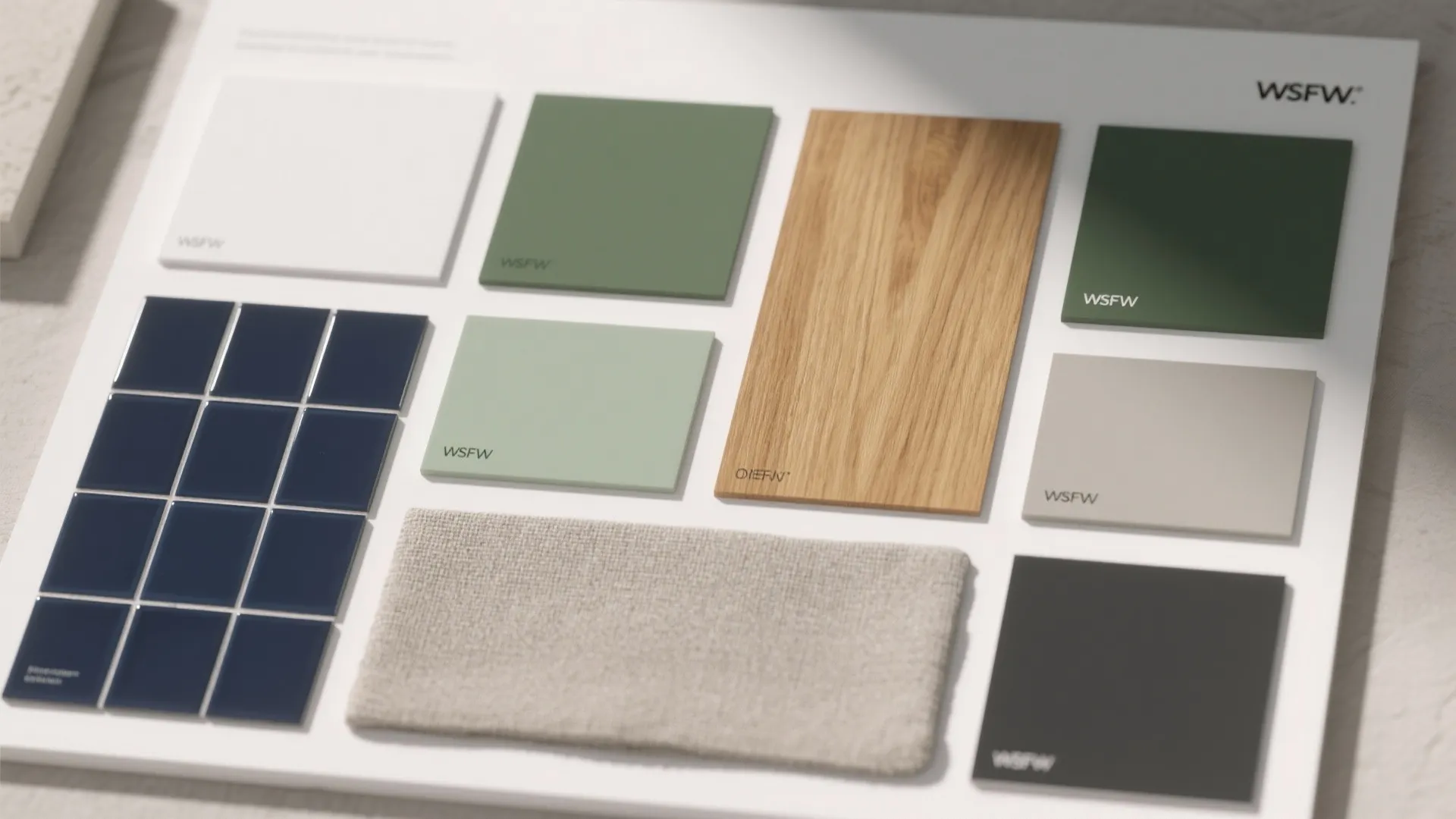 Interior design material board with green swatches, wood plank, blue tiles, fabric, and grey samples