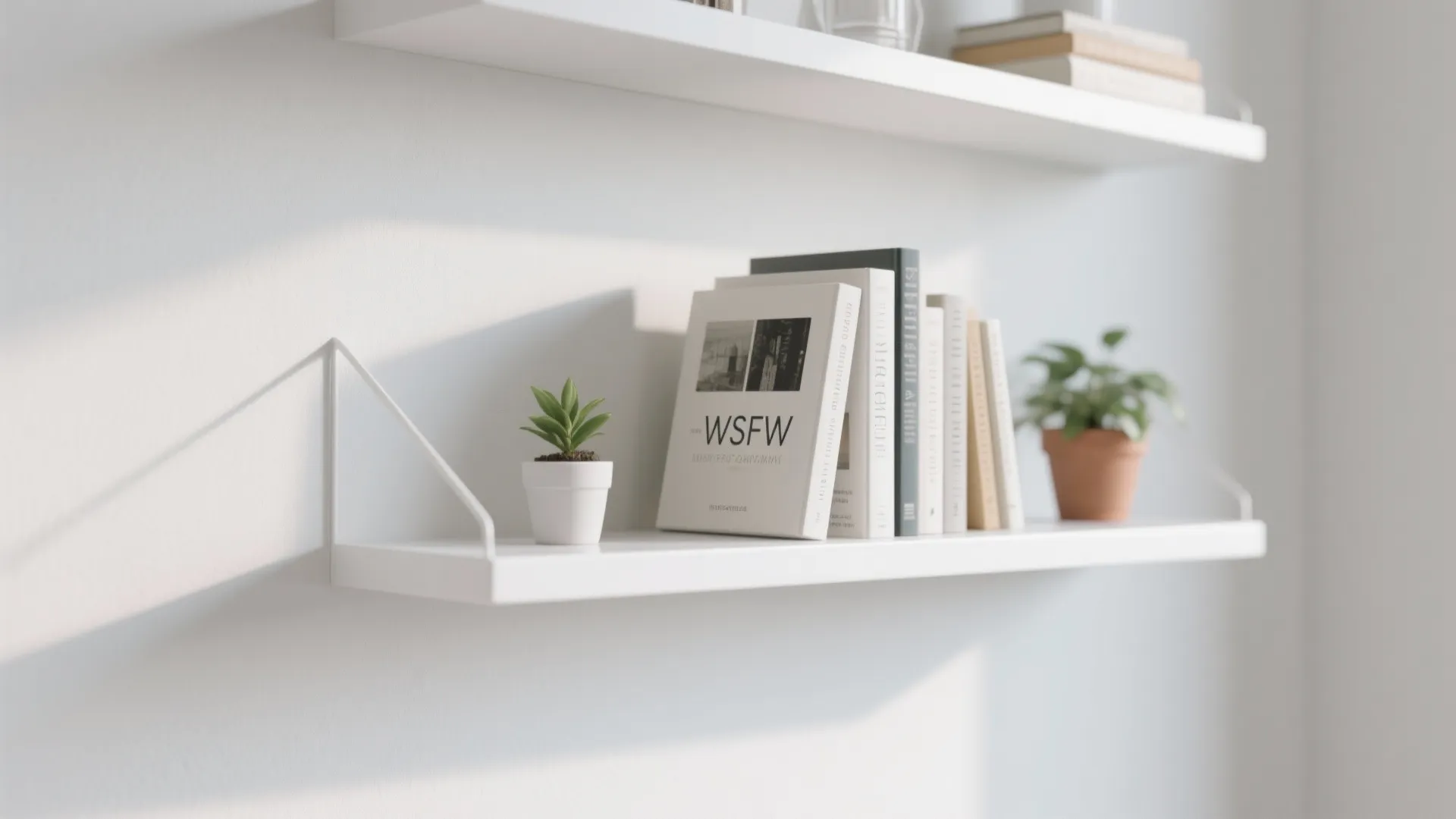 White floating wall shelves holding several books and two small green potted plants with sunlight