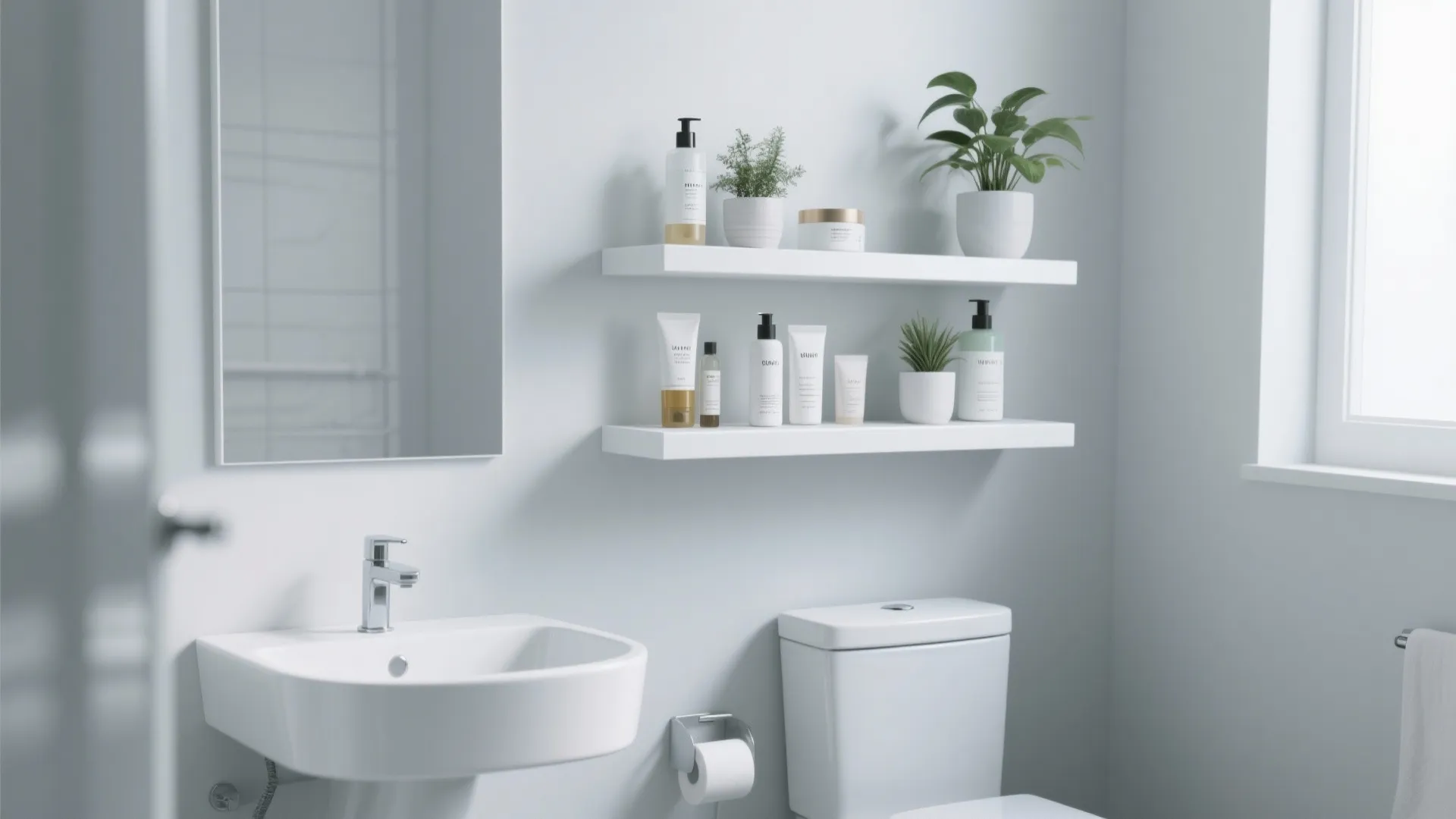 Modern white bathroom with floating shelves holding skin care products potted plants sink and toilet