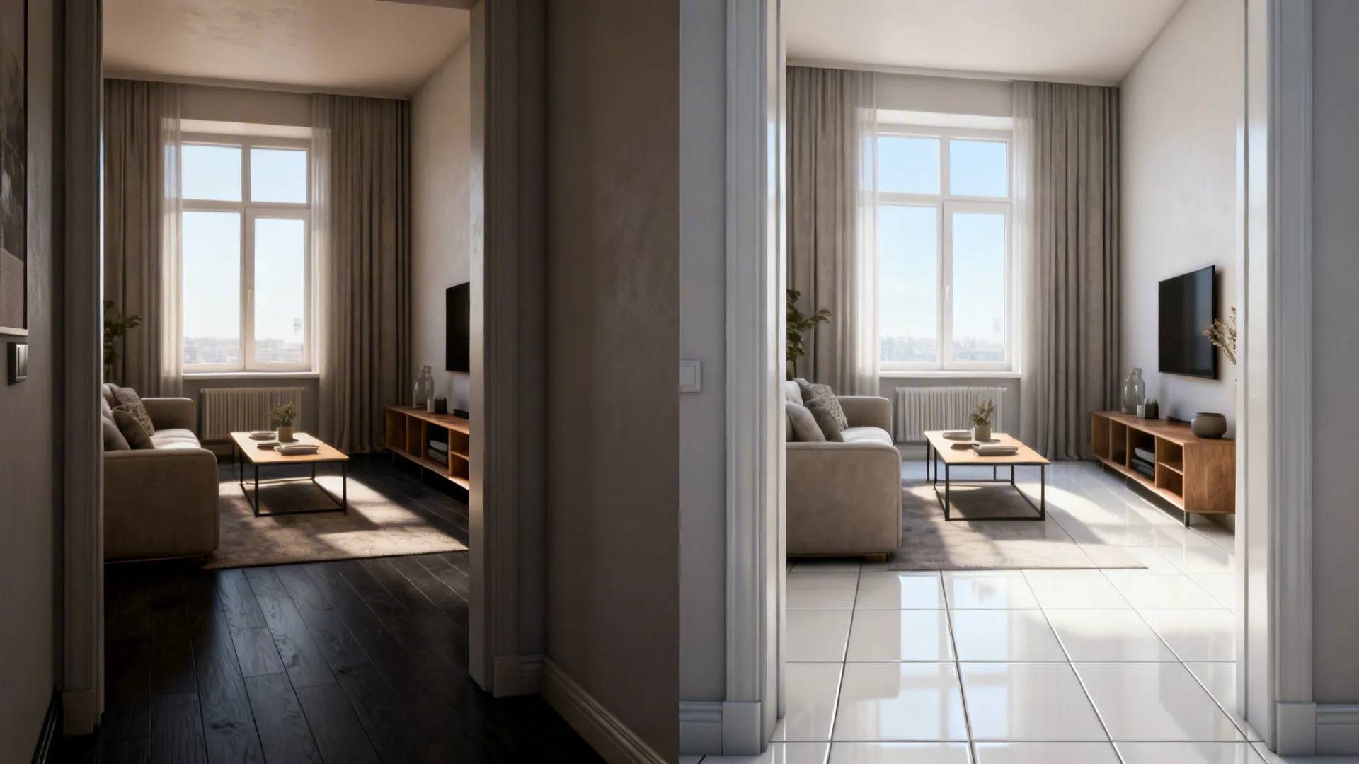 Before and after comparison showing off-white tiles expanding a small living room