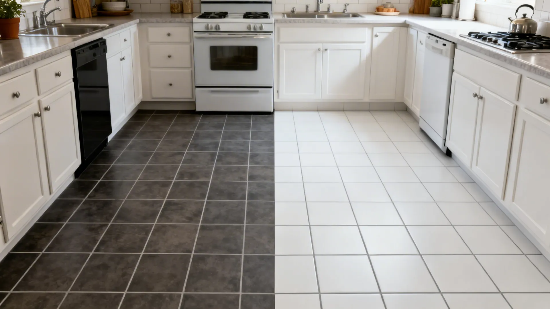Before-and-after of a small kitchen, darker floor vs bright white floor.