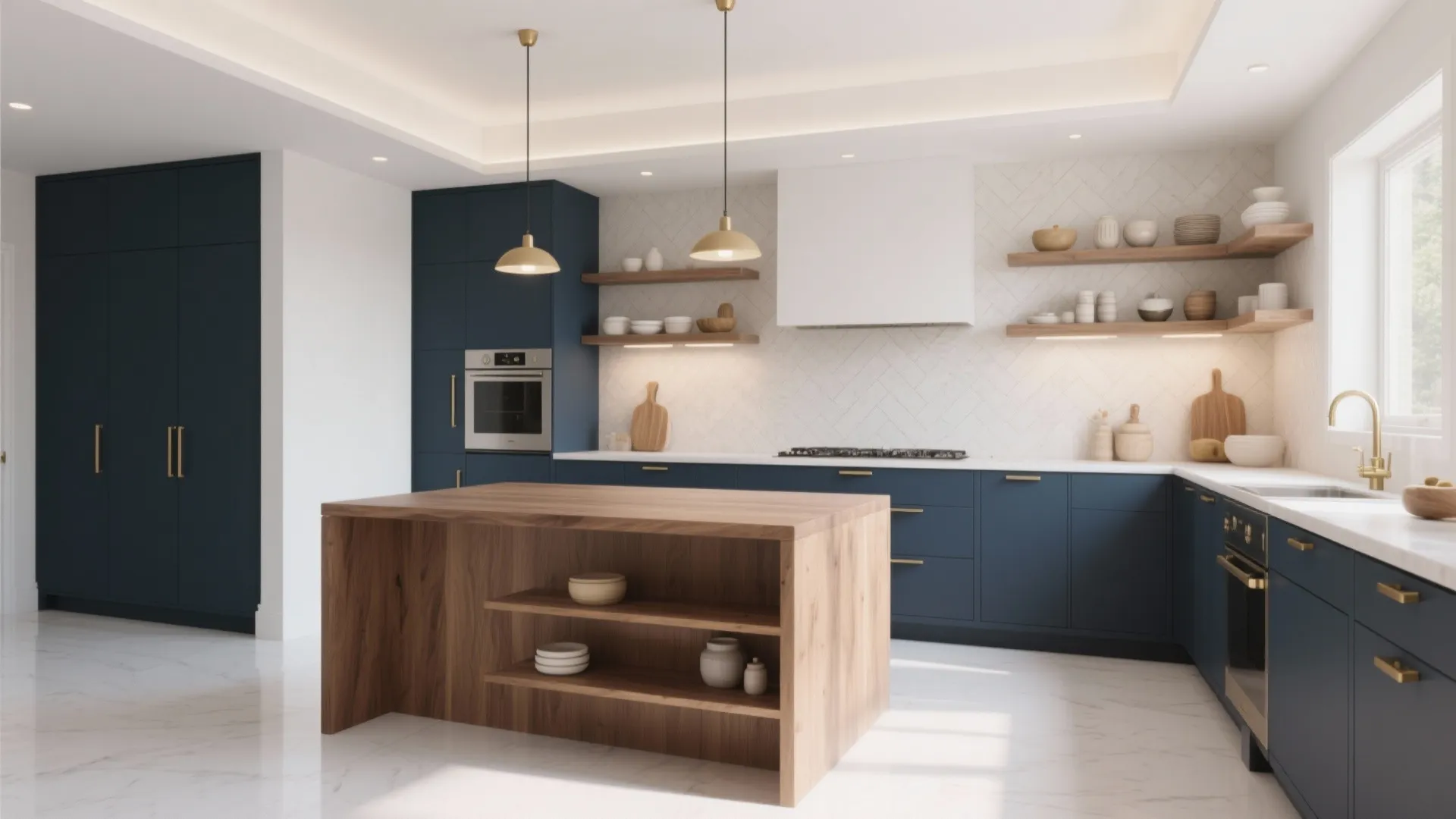 Navy blue kitchen cabinets with wooden island gold light fixtures and white marble floor tiles