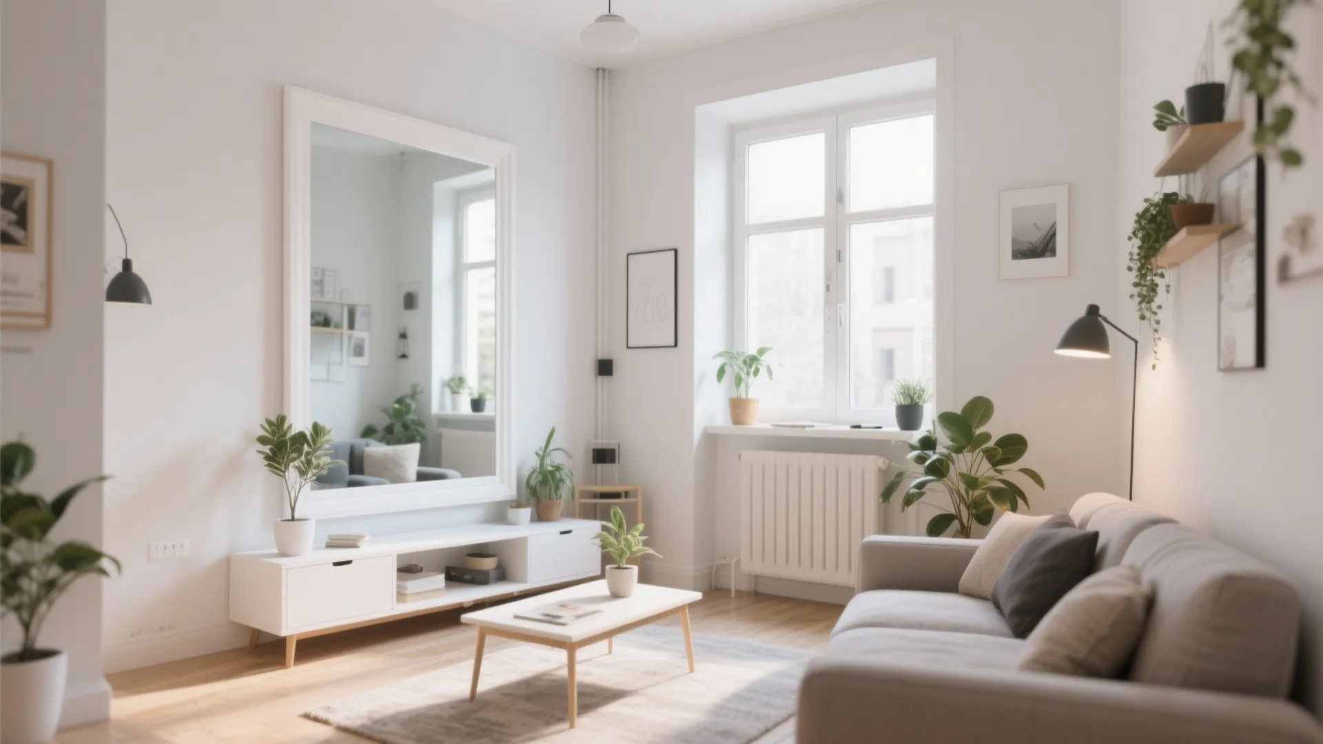 Bright living room featuring large white mirror above cabinet with green plants and grey sofa