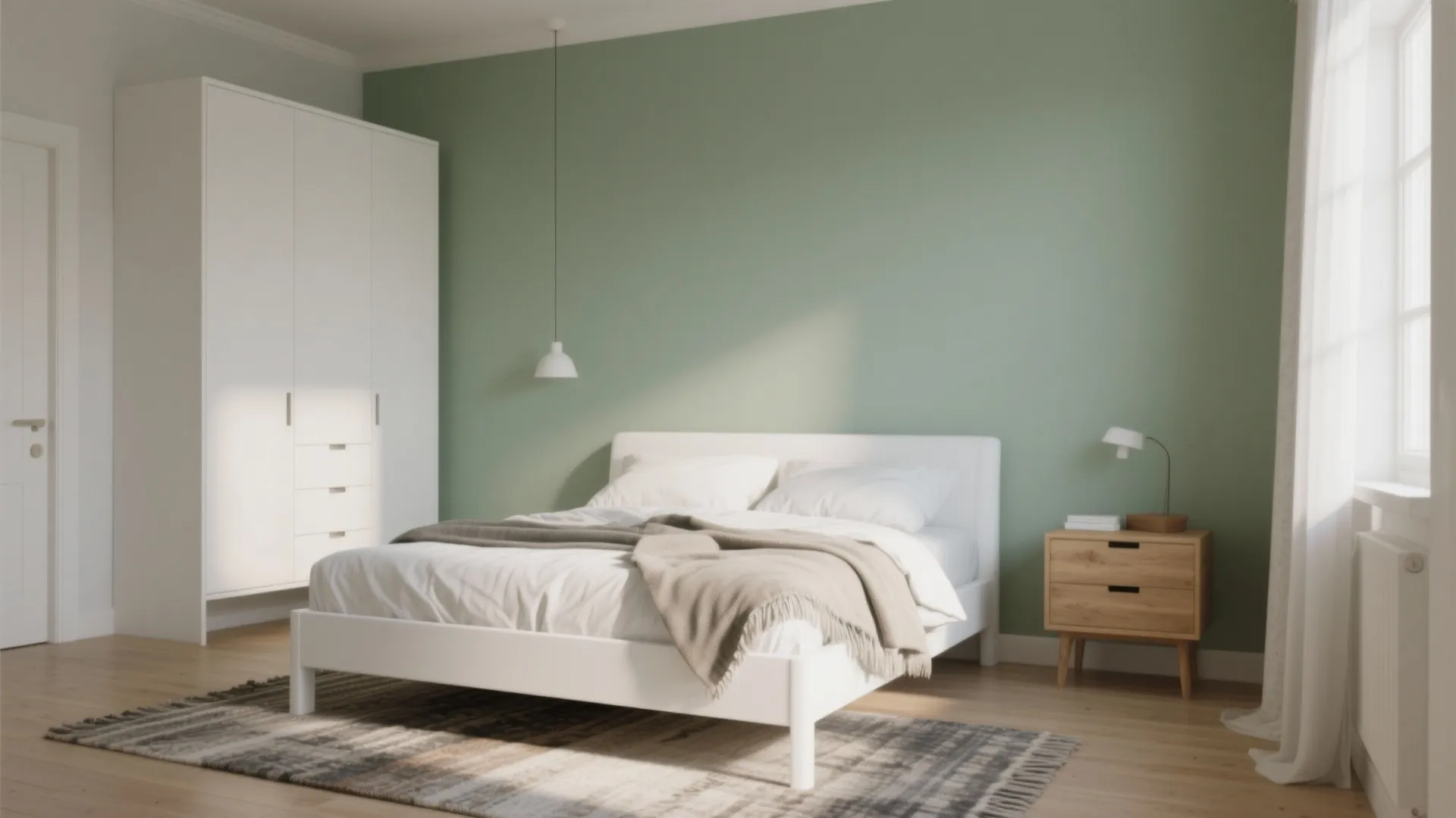 Minimalist bedroom with white bed green wall wood floor white wardrobe rug and natural light