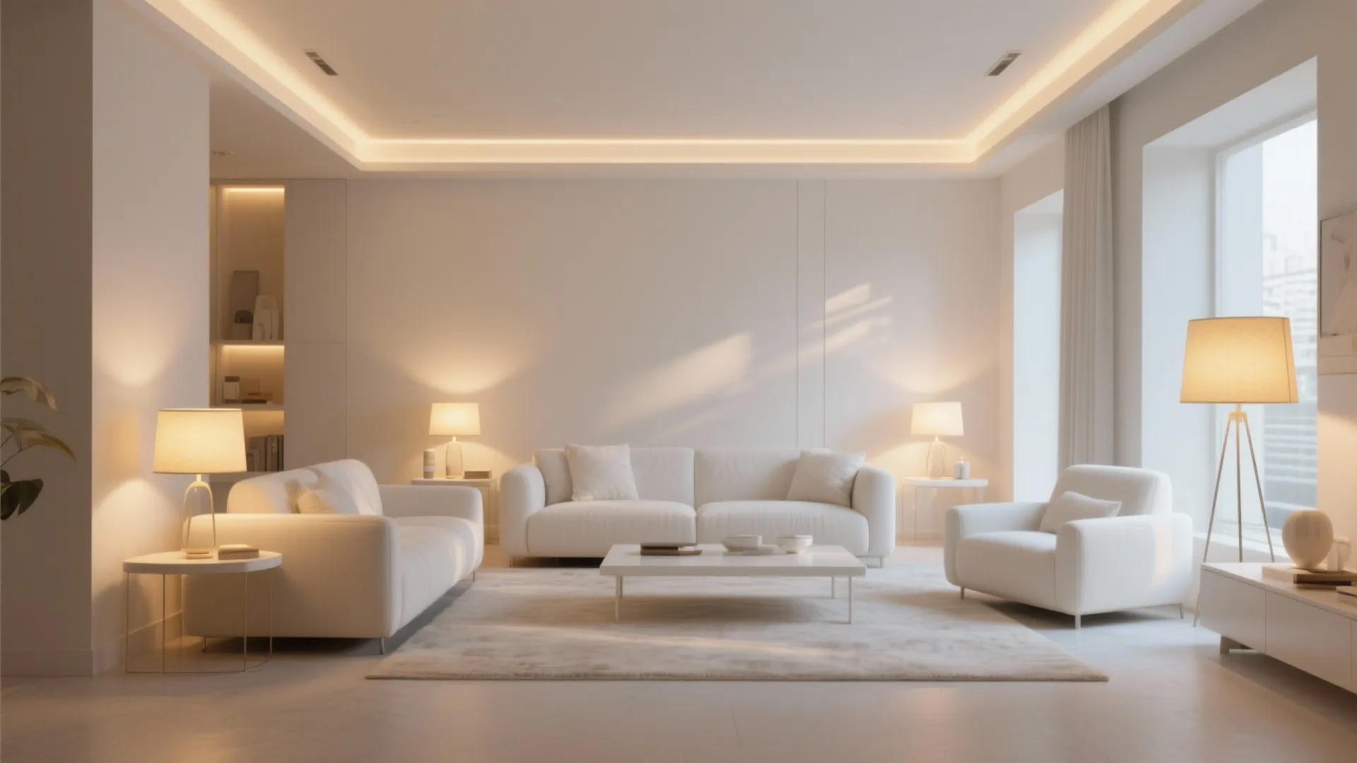 Modern white living room with soft warm lighting three sofas rug and white coffee table