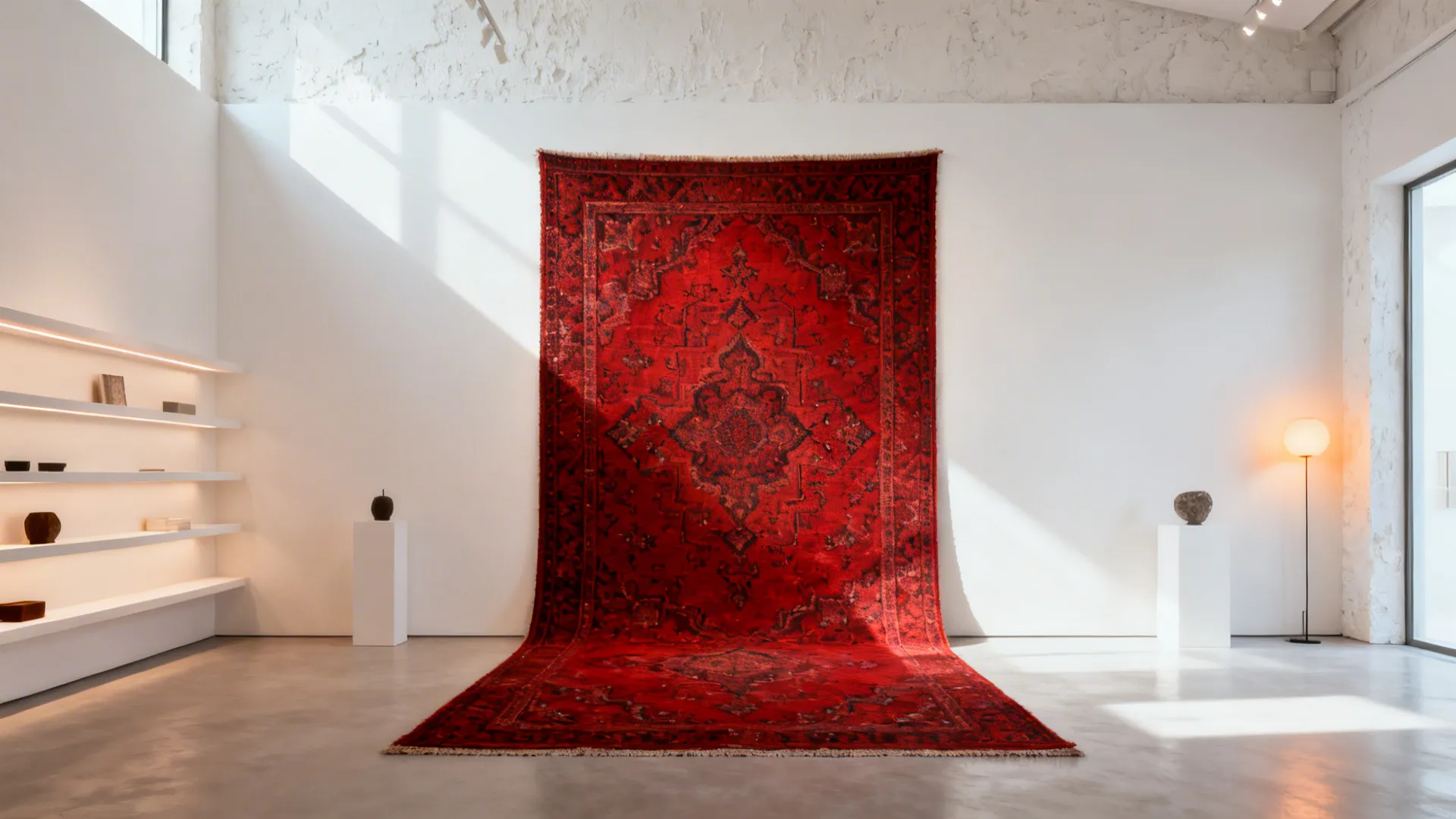 Large red rug hanging on a white wall in a modern room with white shelves