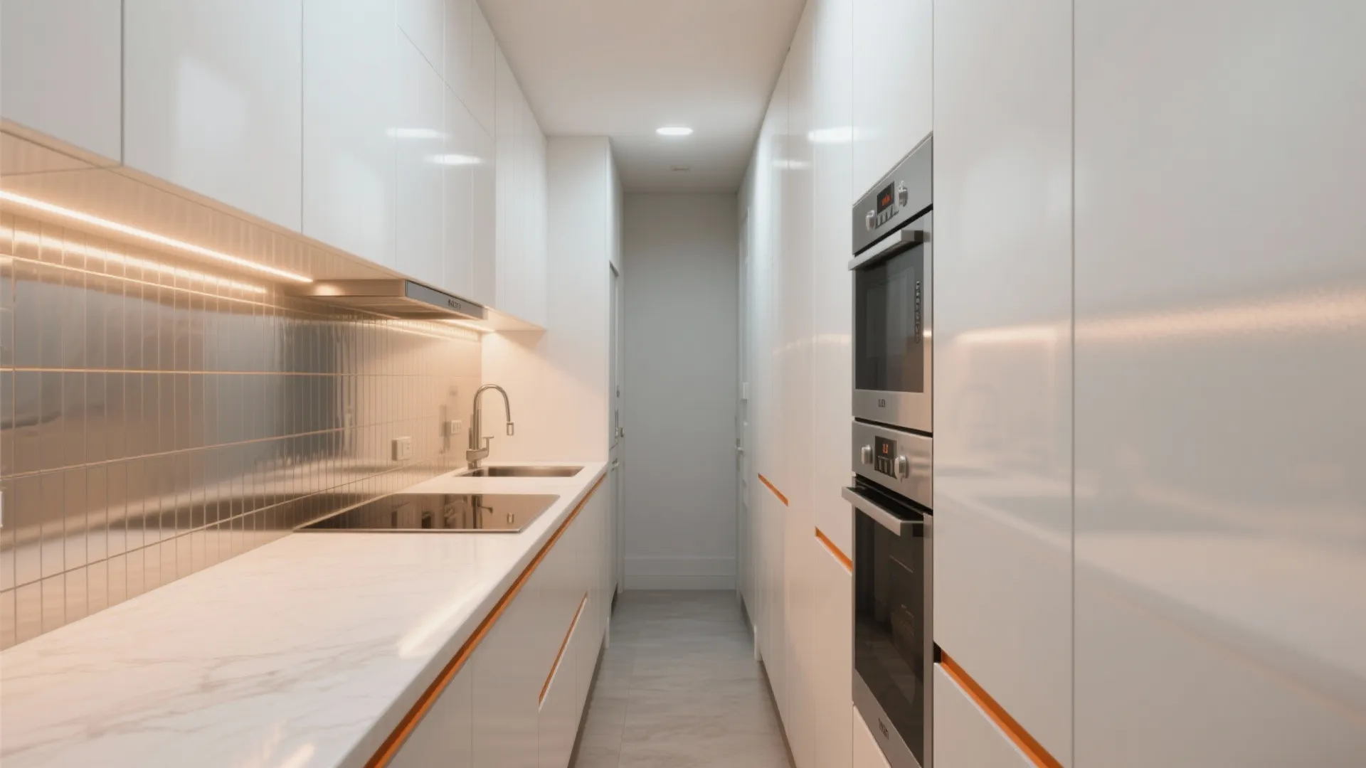 Narrow galley kitchen using white cabinets and reflective surfaces to feel larger.