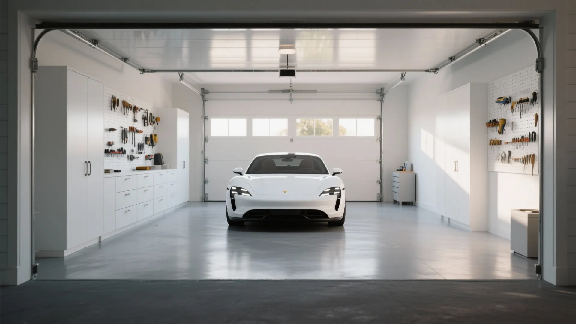 Modern white garage interior with white car parked between storage cabinets and wall mounted tool
