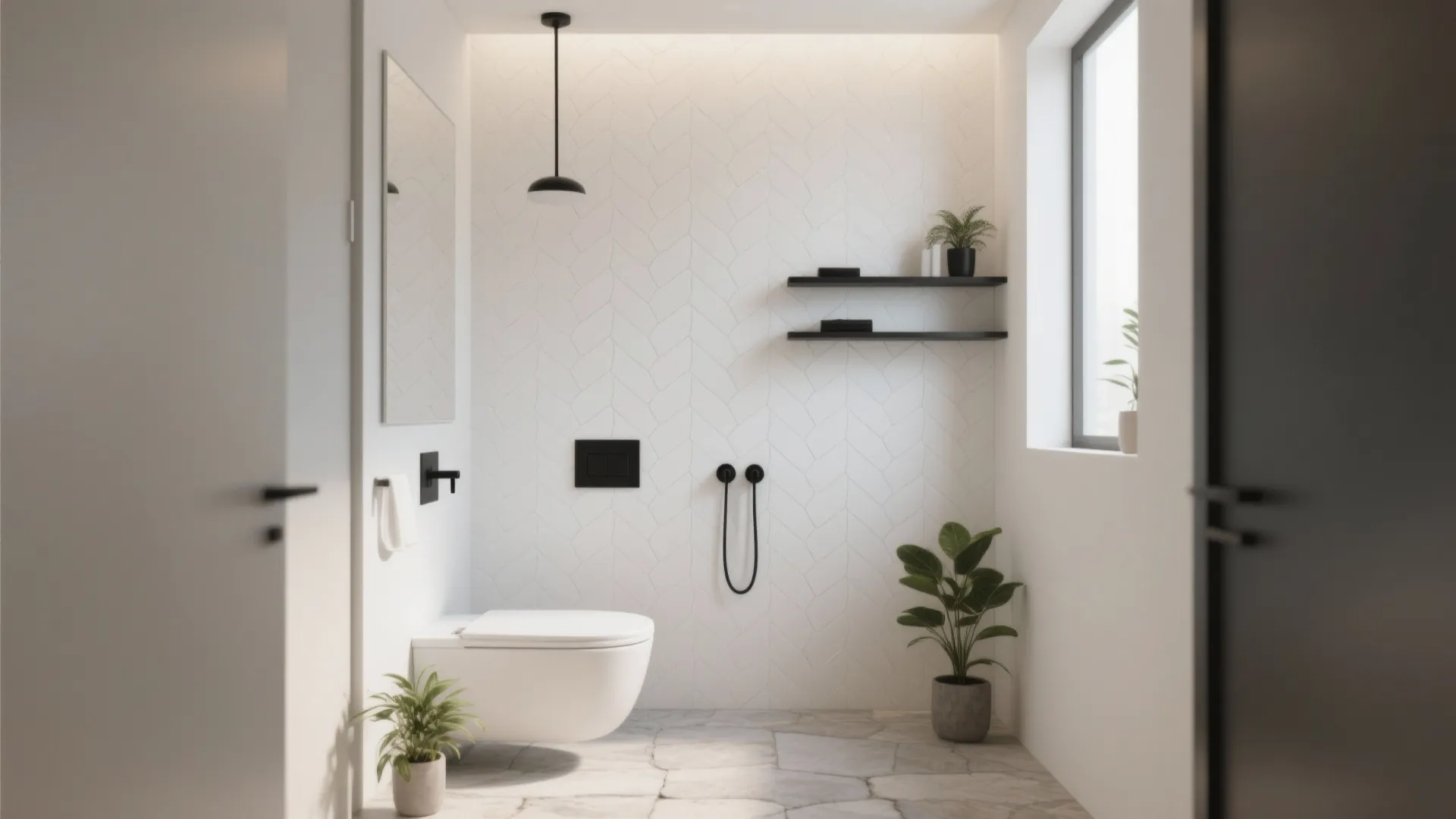 Minimalist white bathroom with black light fixture floating toilet wall shelves and green indoor plants