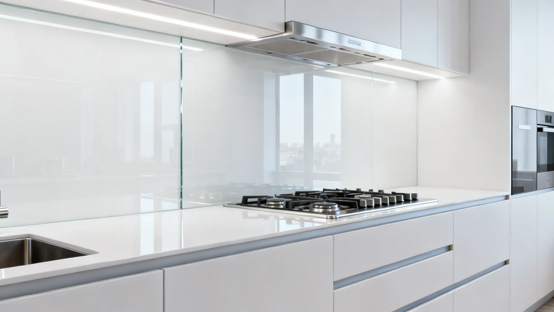 White color-backed glass behind the cooktop with seamless acrylic panels on a prep wall.