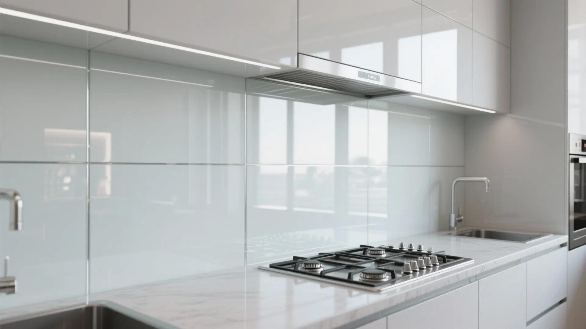 Modern white kitchen featuring glass wall panels, marble countertop, gas stove, silver sink, and cabinets