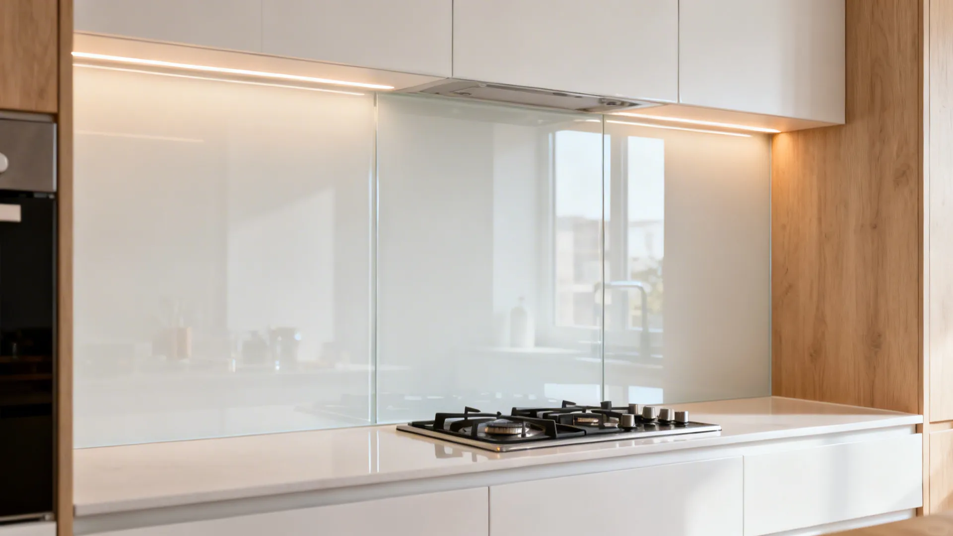 Compact kitchen with glossy white glass backsplash reflecting warm LED light
