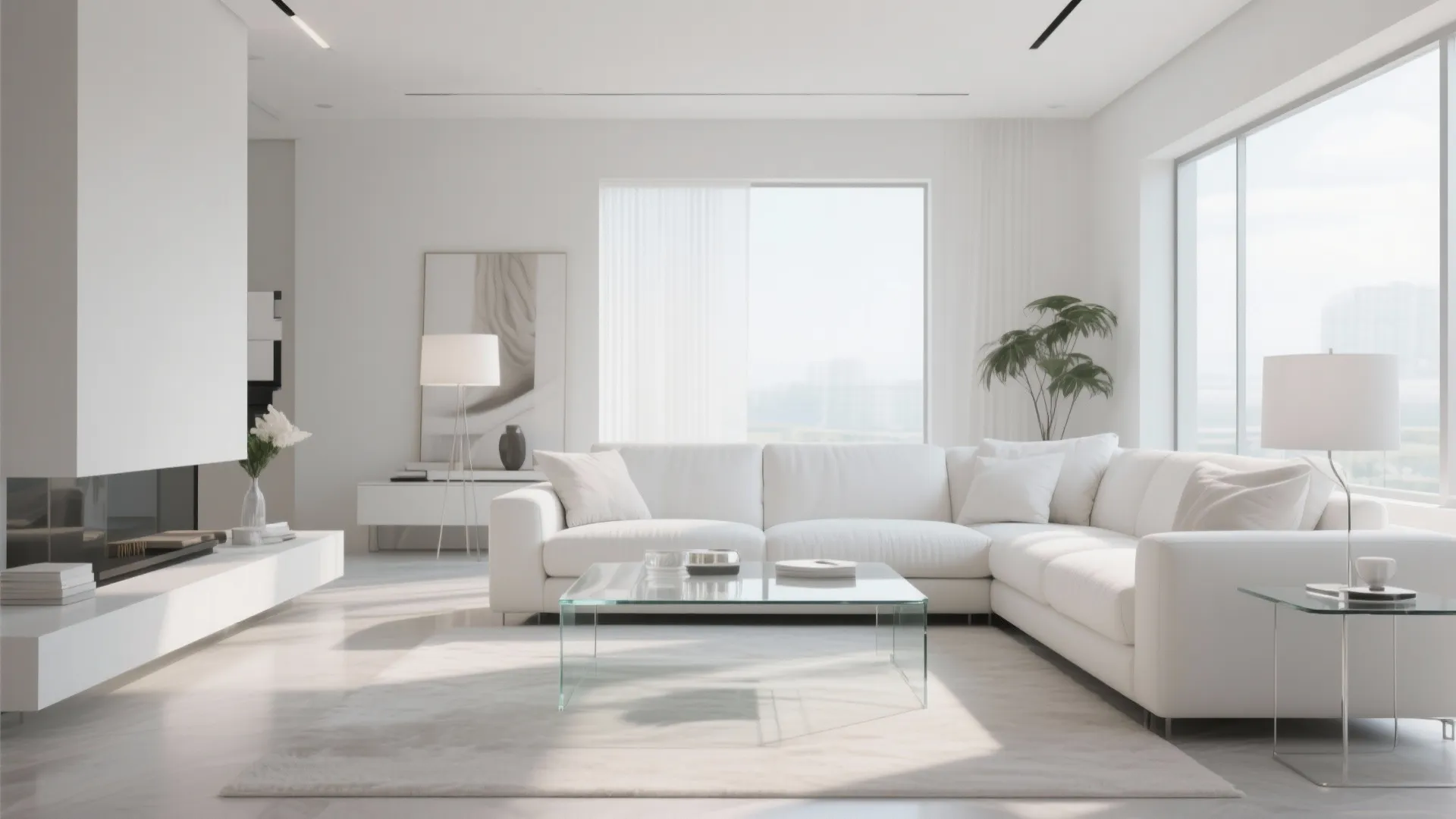 Bright minimalist living room with white corner sofa glass coffee table fireplace and natural light