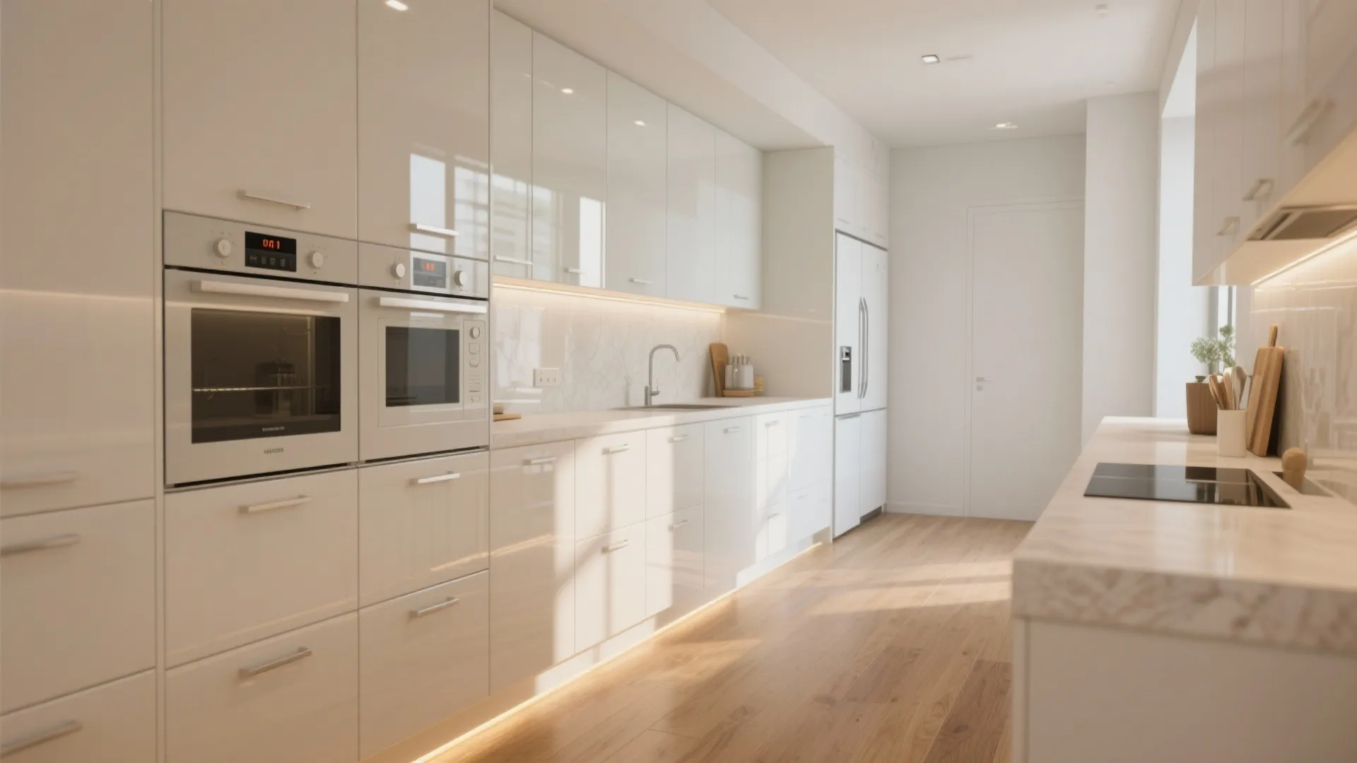 Modern white kitchen with glossy cabinets wood floor double oven and warm integrated light fixture strips