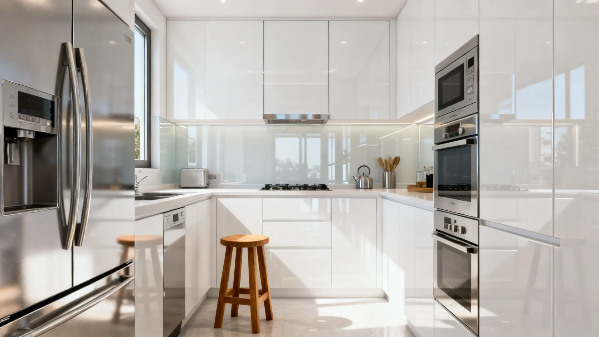 4) White + Glossy Glass Backsplash + Steel (Bright & Easy-Clean)