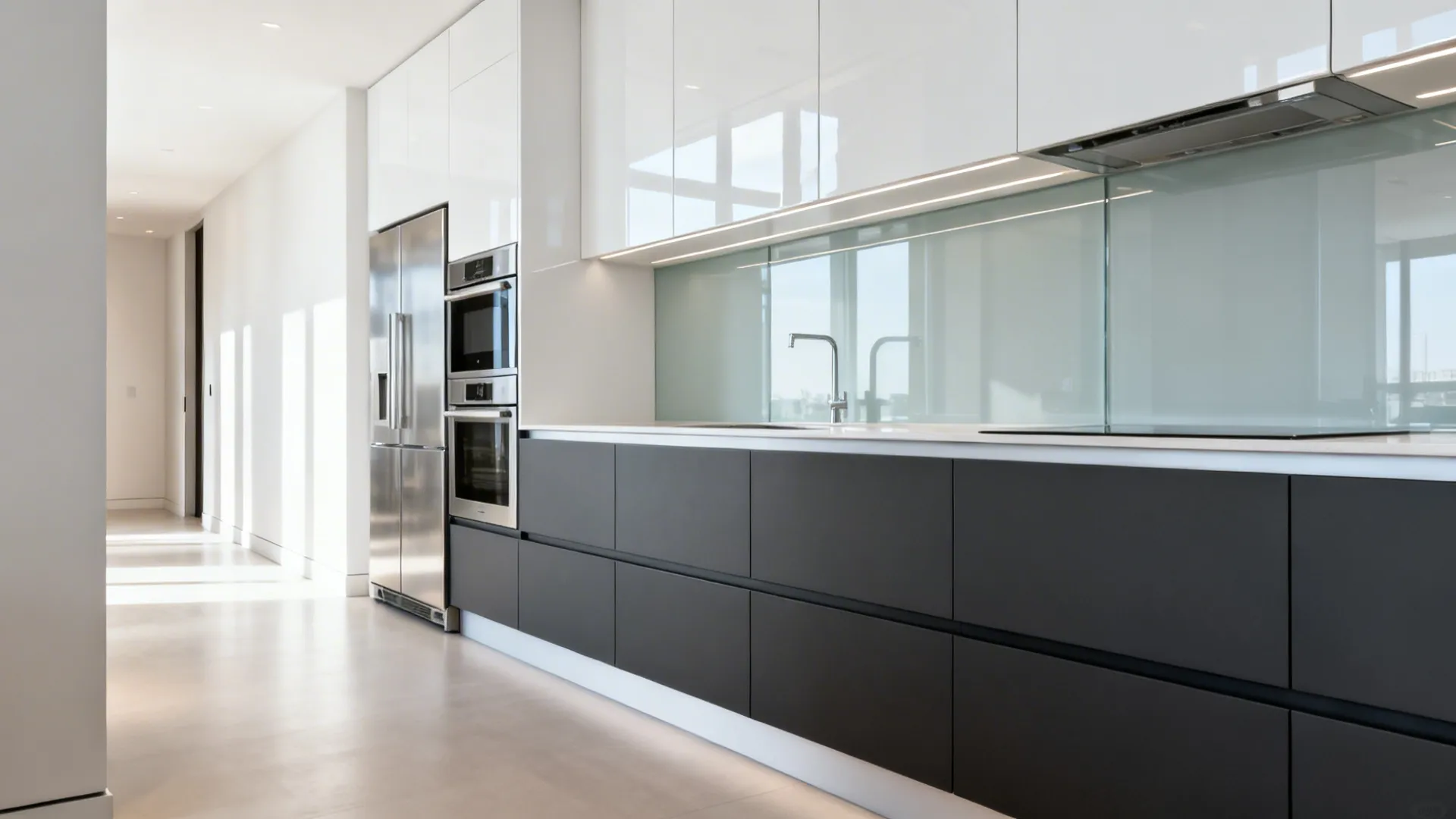 Narrow galley kitchen with glossy white uppers and matte charcoal lowers, glass backsplash and handle-less doors.