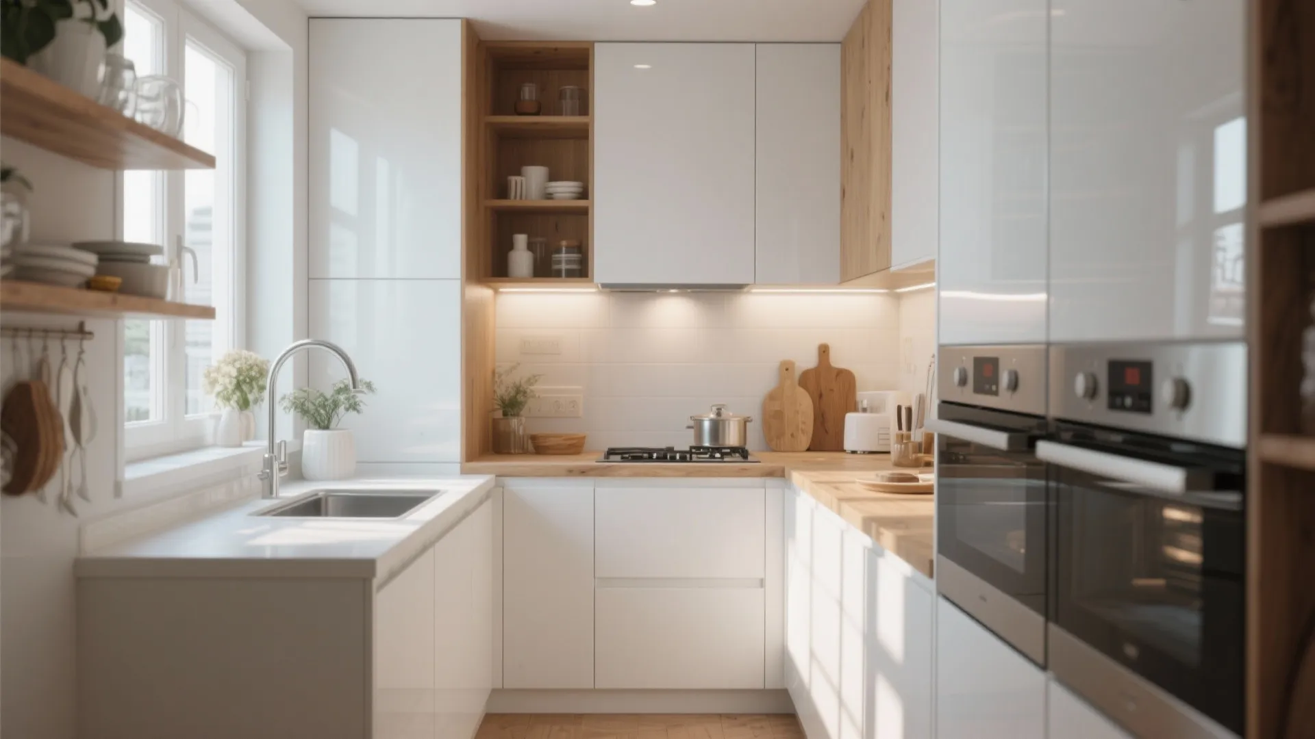 Small white kitchen design with wooden countertops sink near window integrated oven and open shelving