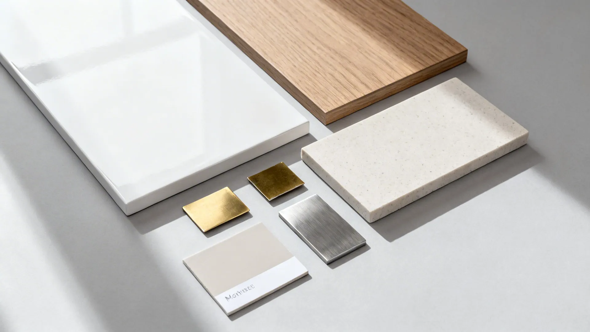 Material board with white gloss lacquer, oak, satin brass, and quartz samples.