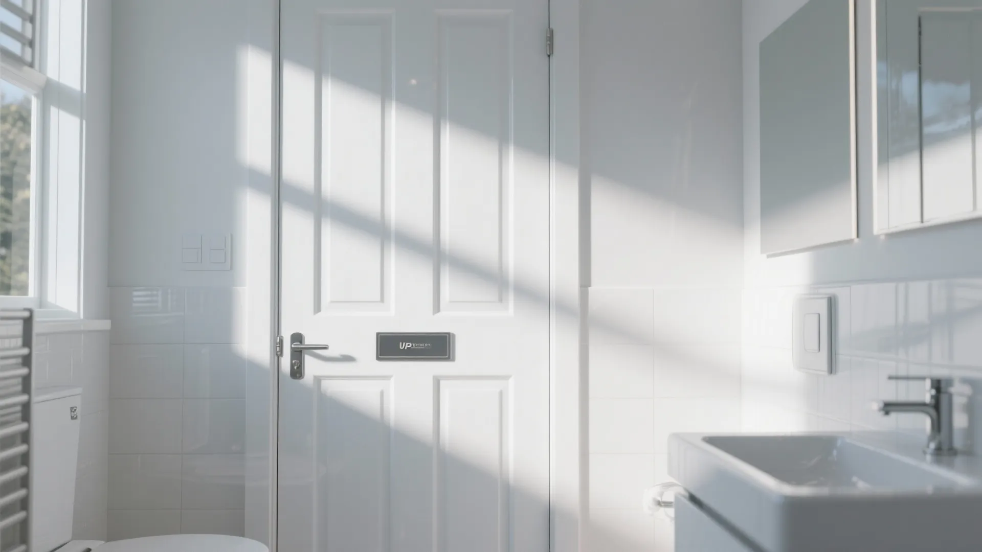 Bright white bathroom interior featuring a classic wooden door sunlight shadows sink and mirror details