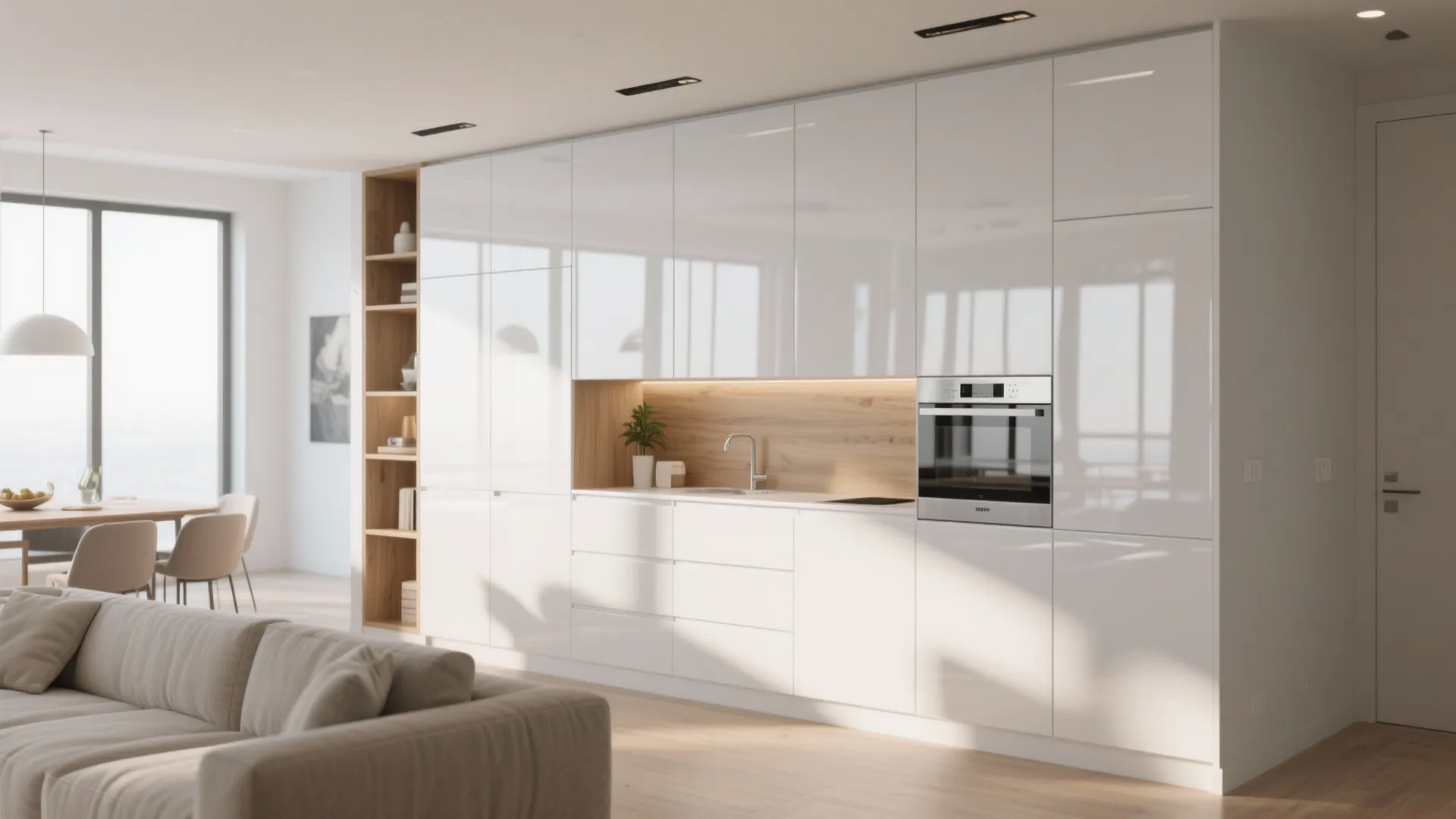 Modern kitchen with white glossy cabinets plus wooden wall panel and a silver cooking oven
