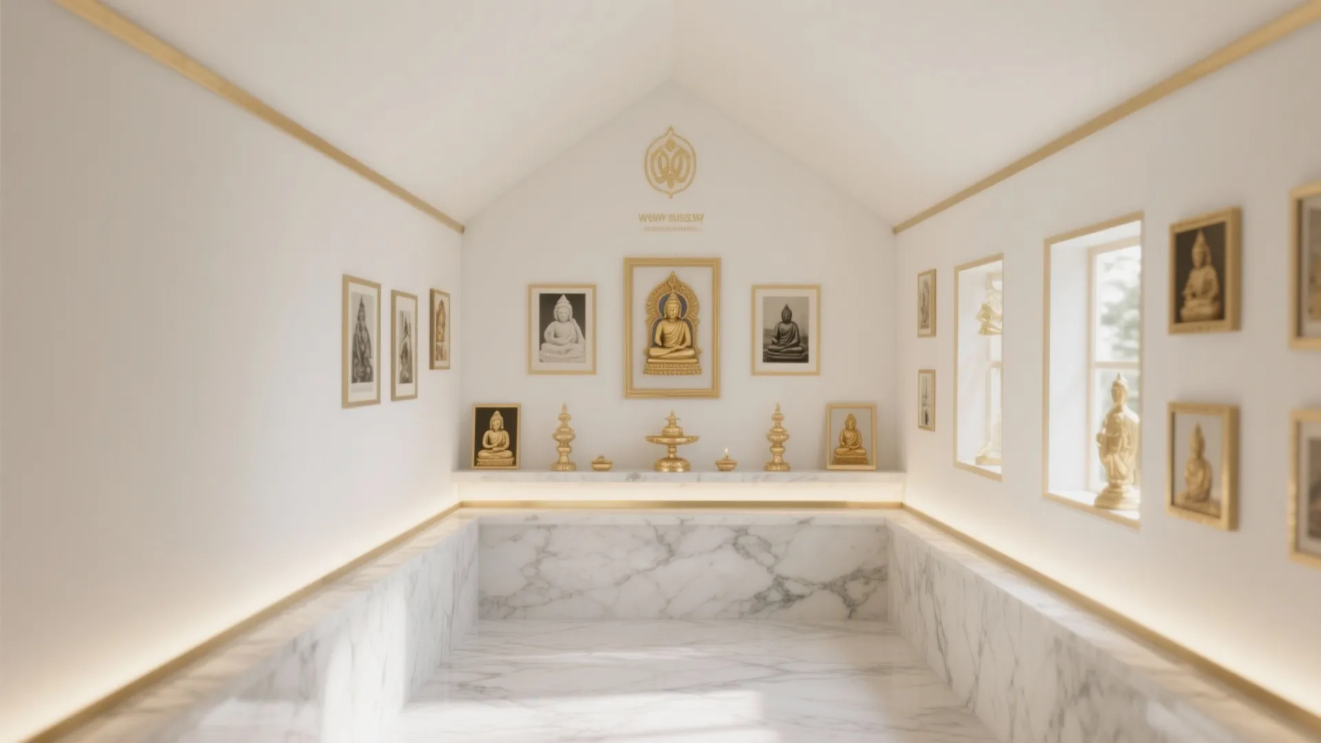 Modern white prayer room featuring marble floors gold frames Buddha statues and bright natural indoor lighting