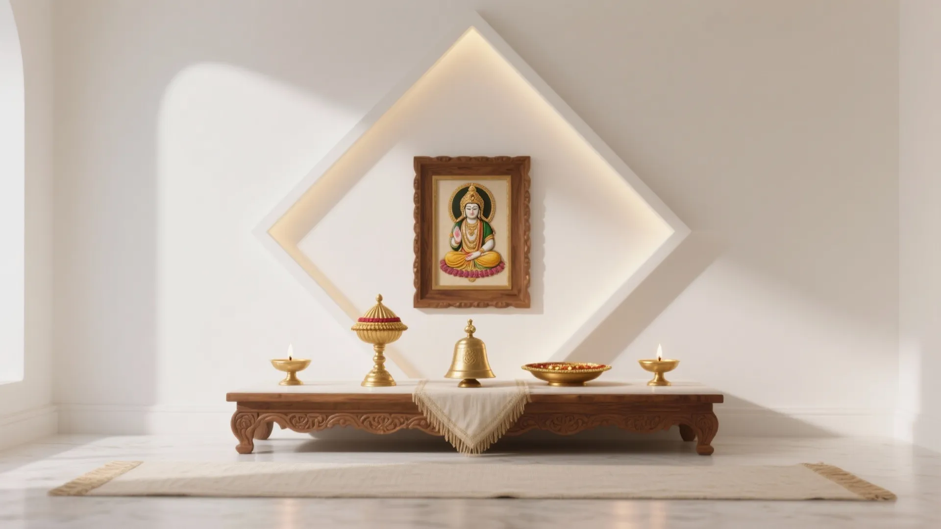 Minimal altar styling with white, gold, and symmetry