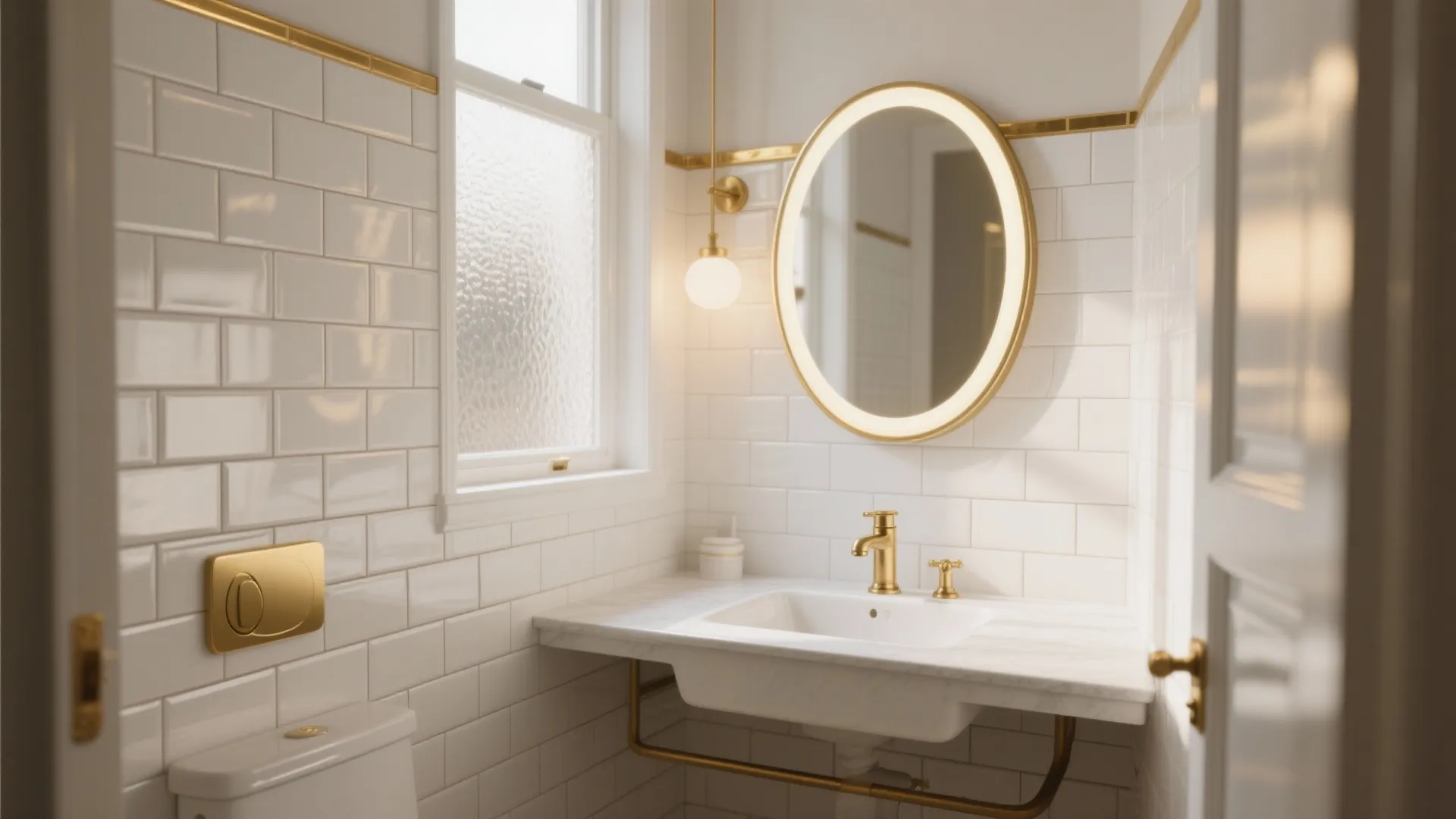 Modern white bathroom featuring gold wall light round mirror marble sink and white brick wall tiles