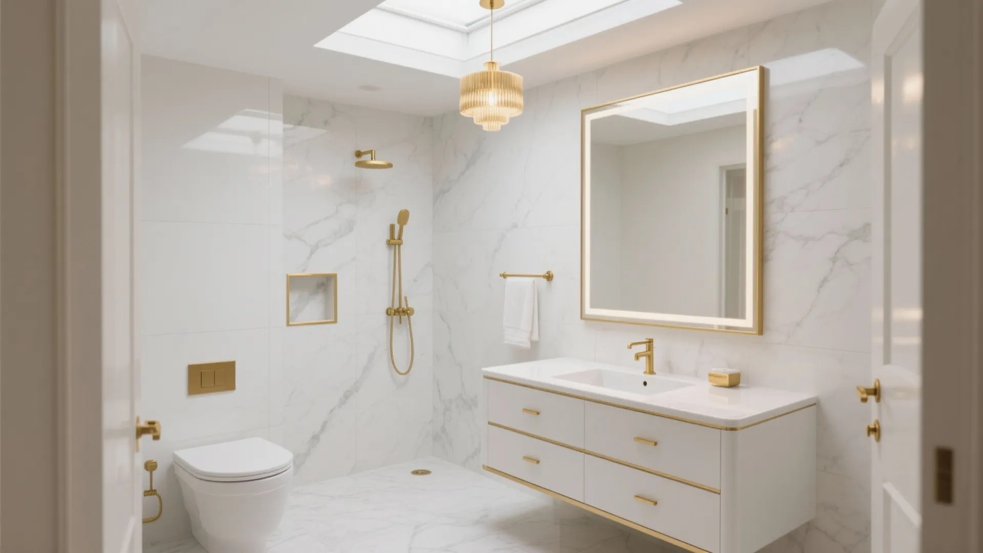 Modern white marble bathroom with gold shower, white vanity, large mirror, toilet, and ceiling light