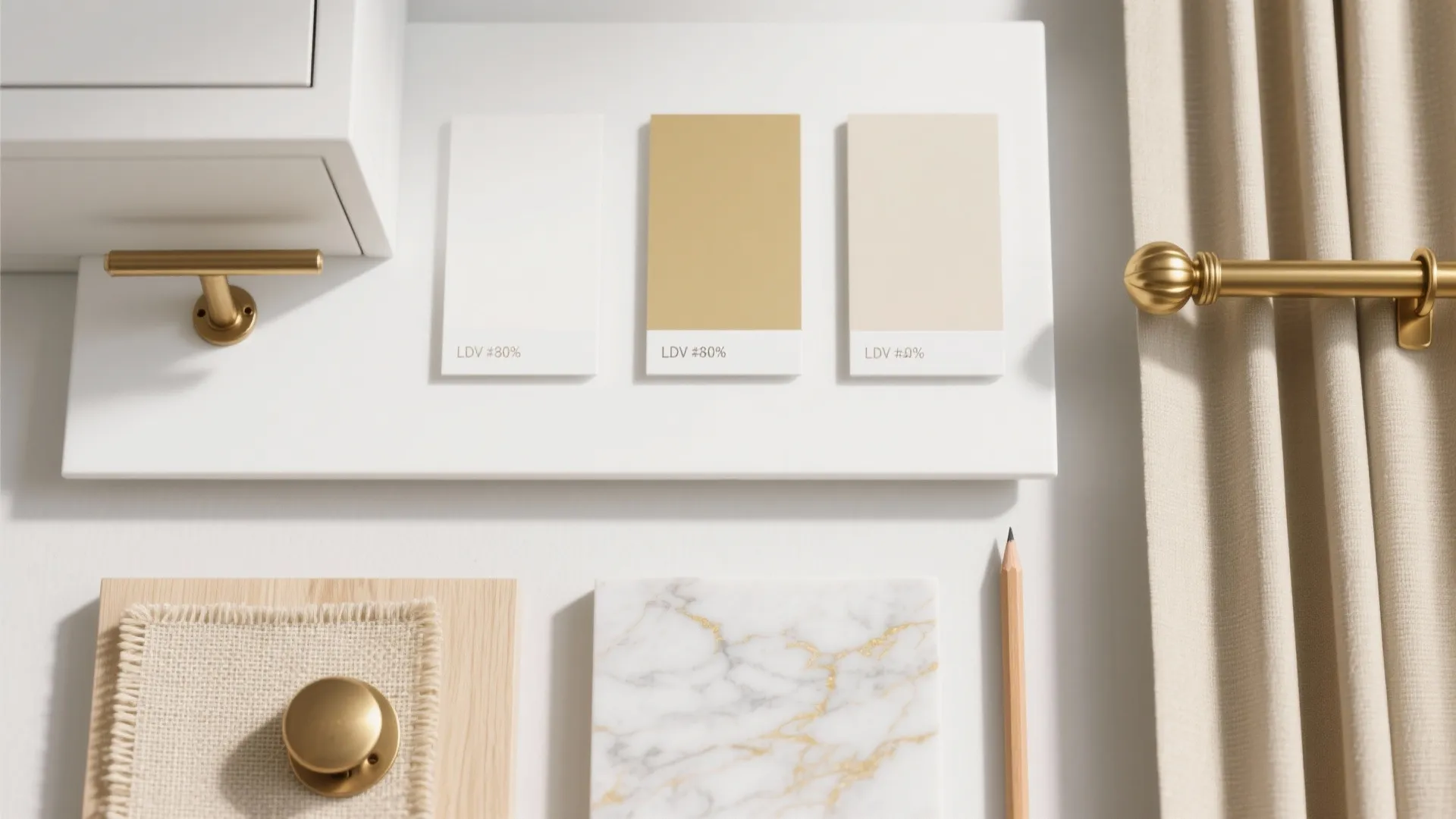 Interior design mood board with color swatches marble tile wooden sample gold hardware and beige curtain