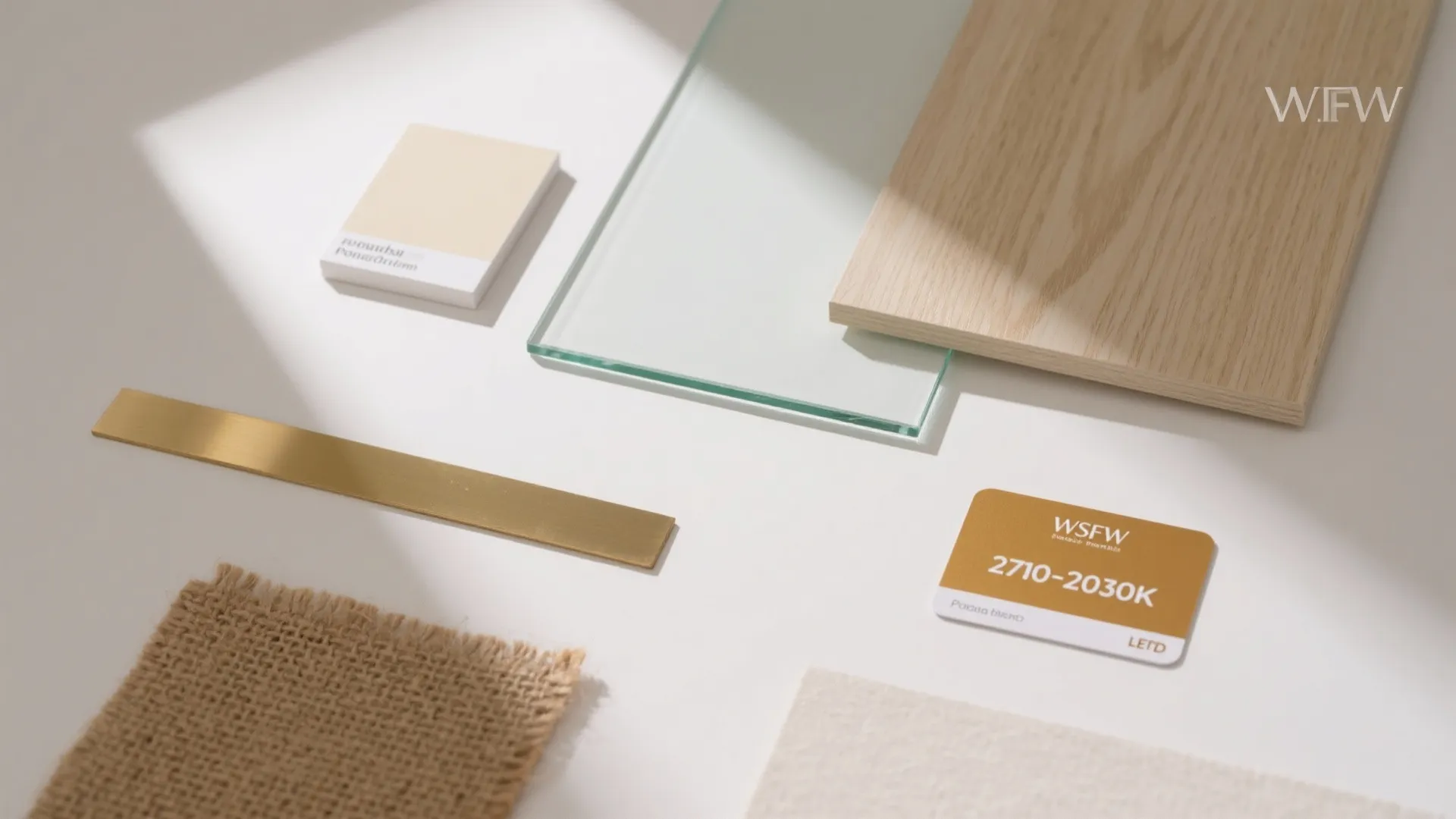 Flatlay of off-white chips, brushed gold trim, glass, wood, and warm LED reference.