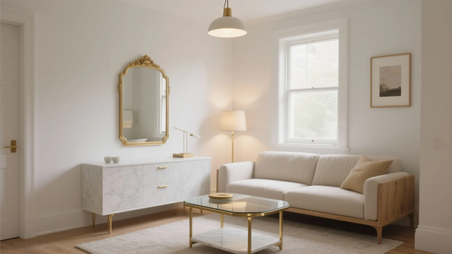 Elegant living room with white sofa marble cabinet gold mirror glass table and ceiling light
