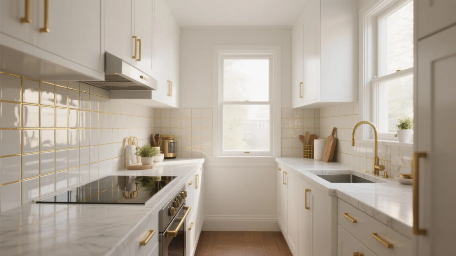 Bright white kitchen with gold handles marble countertops a small window and wooden floor boards