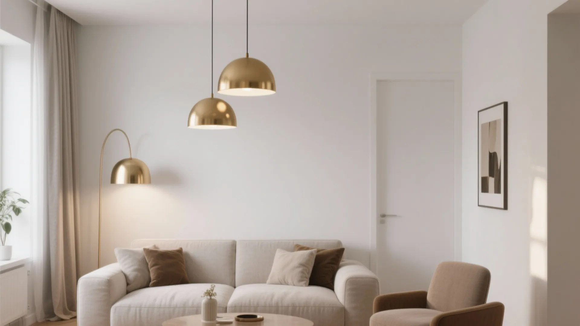 3. White Walls with Gold Light Fixtures