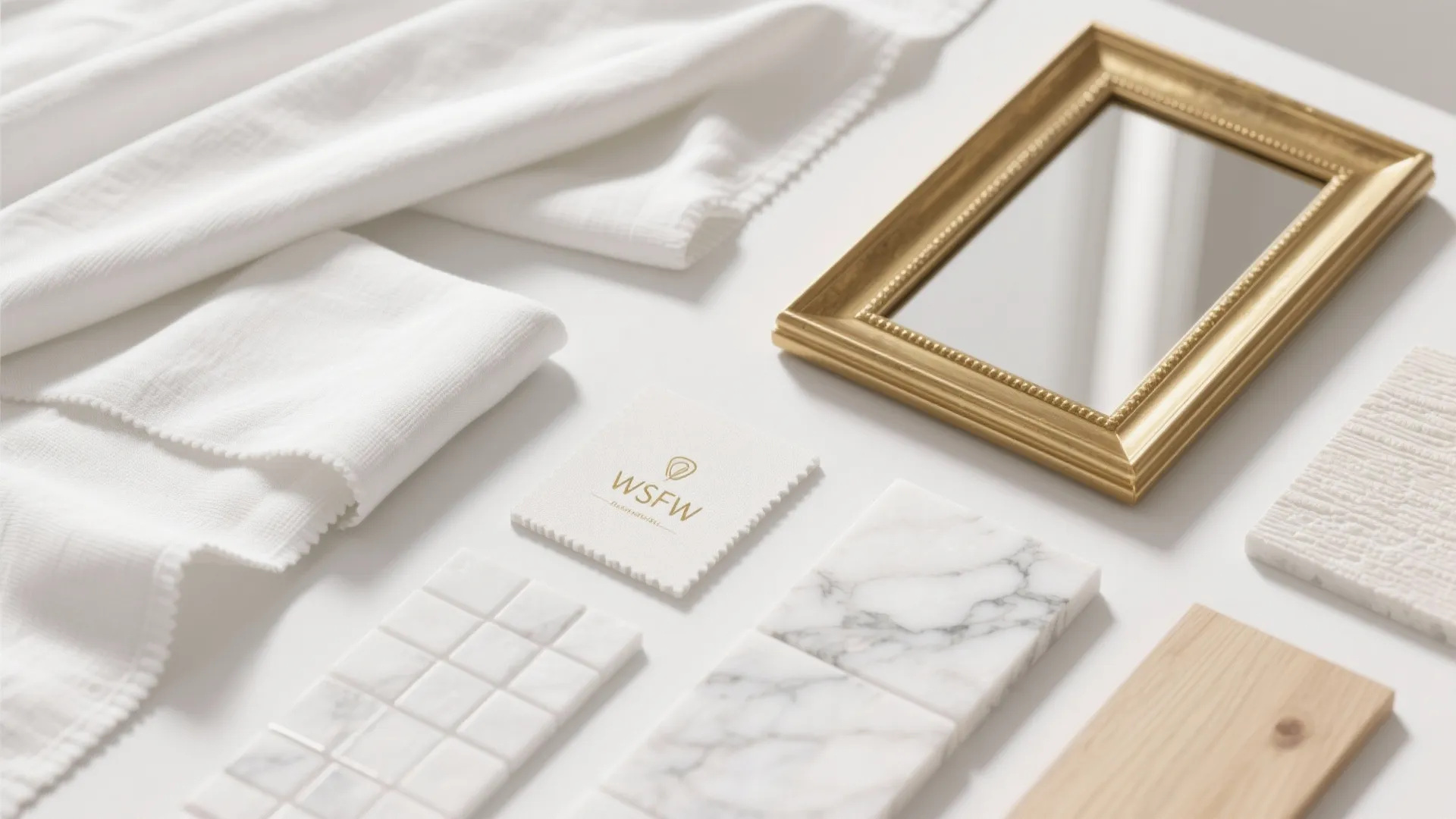 3. Mixed textures: white linen, gold mirror, and marble touches