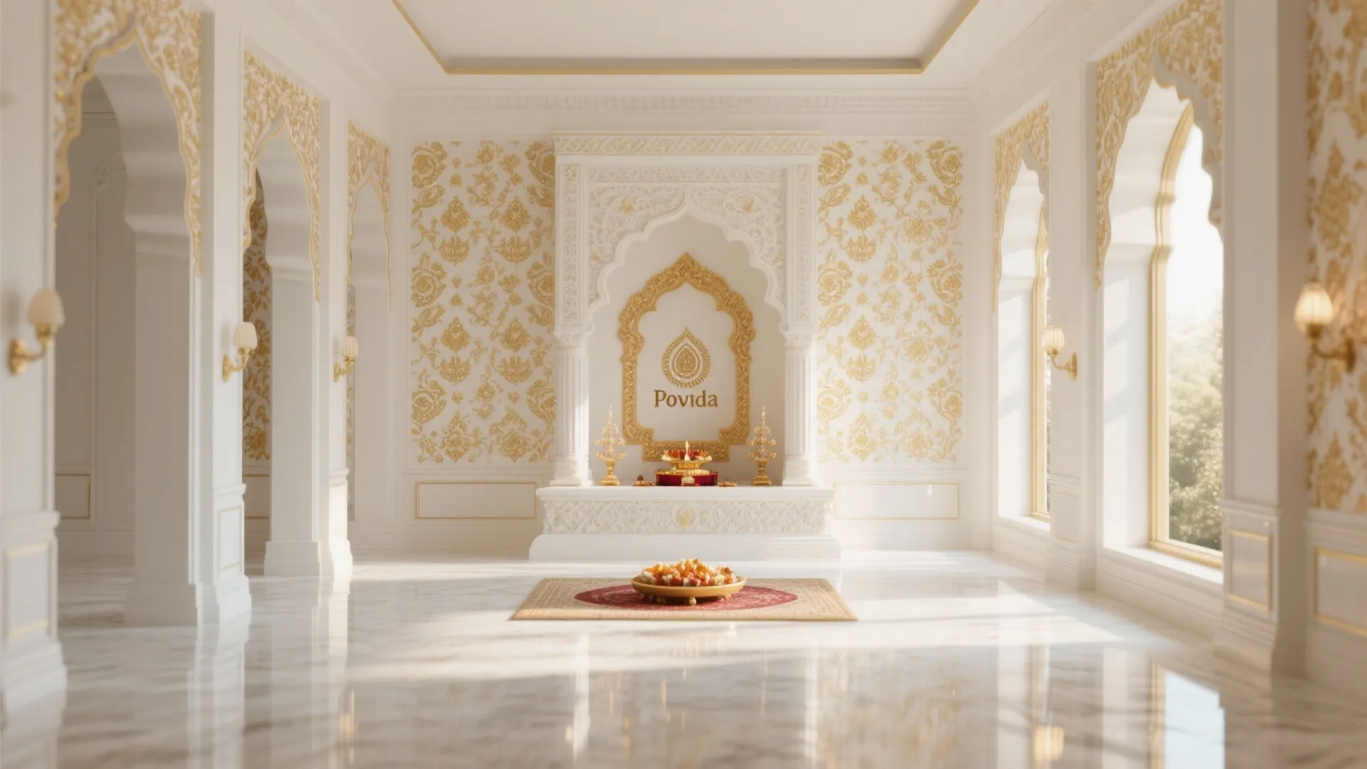 Bright white prayer room with gold wall patterns, arched openings, marble floor, and large windows