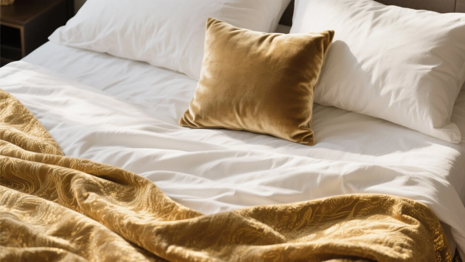 Close up of white bed sheets with gold velvet pillow and a gold patterned blanket