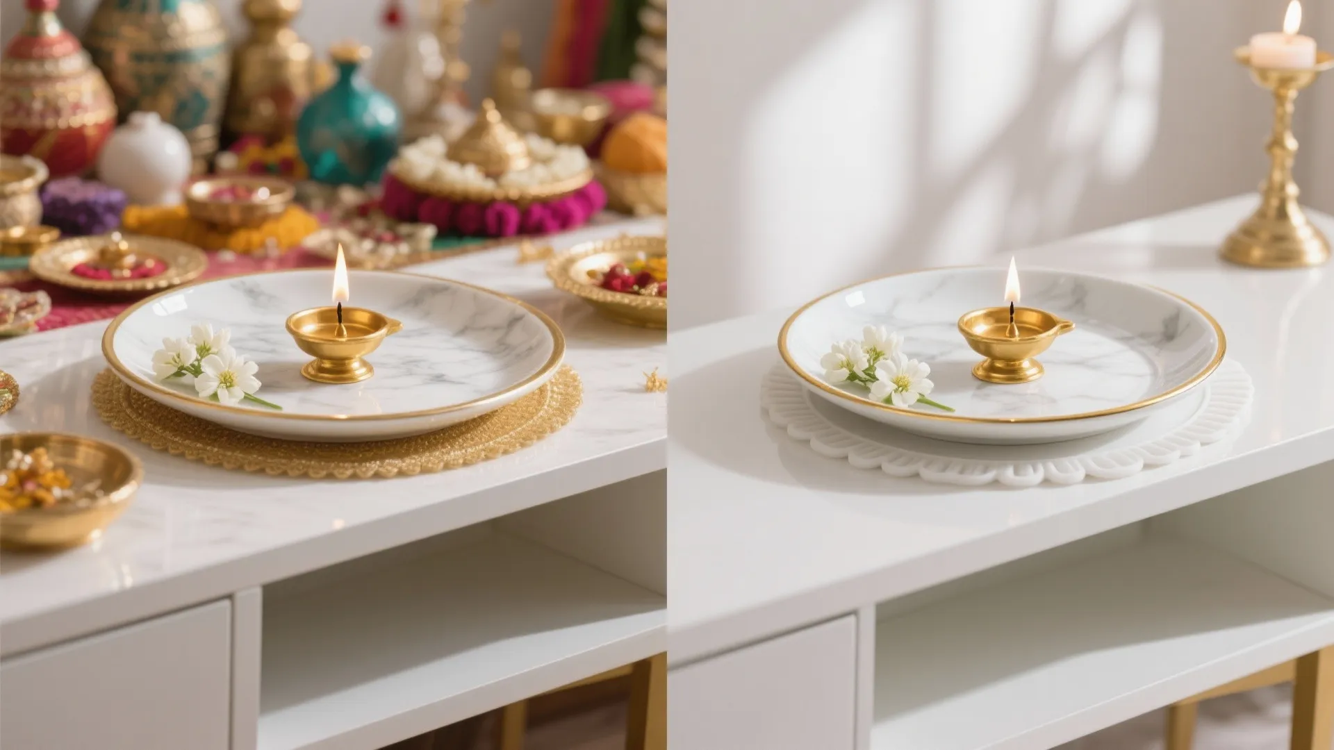 Before and after comparison of decorated ritual plates on a white table with oil lamps