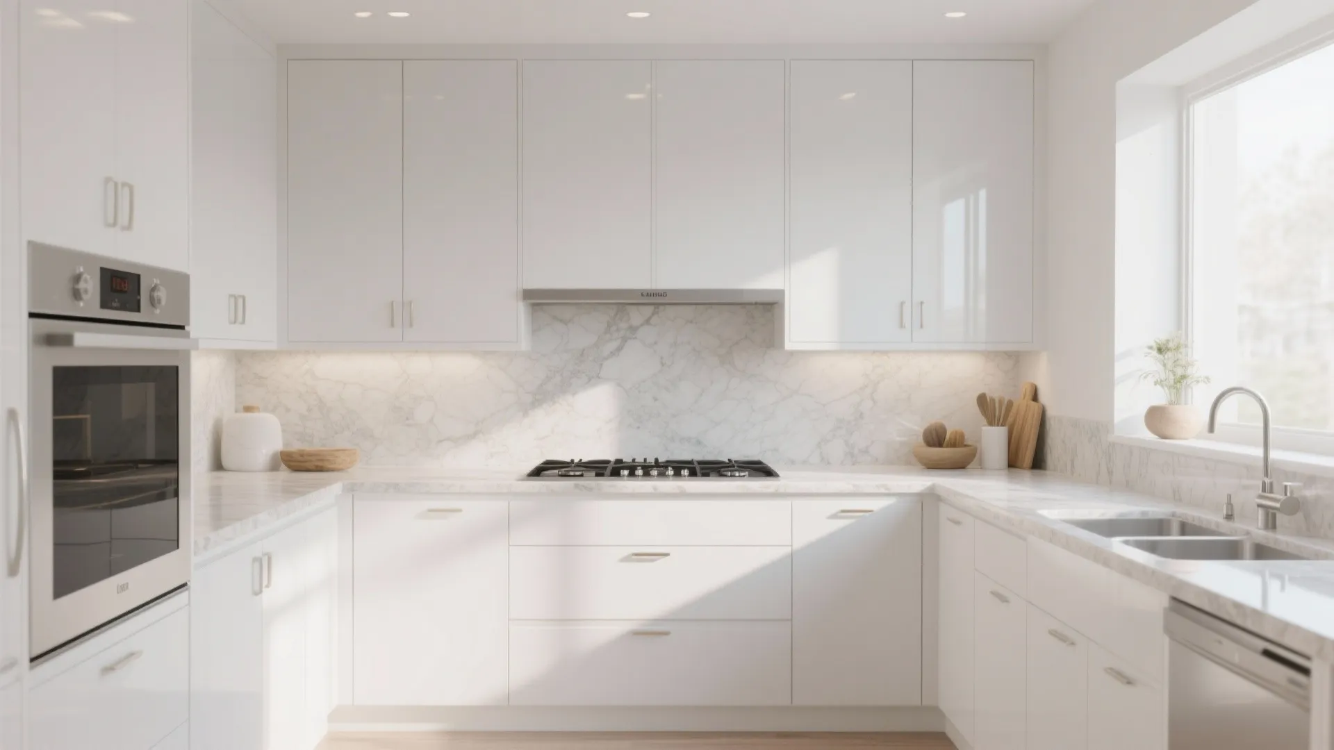 4. All-white cabinets + subtle granite backsplash