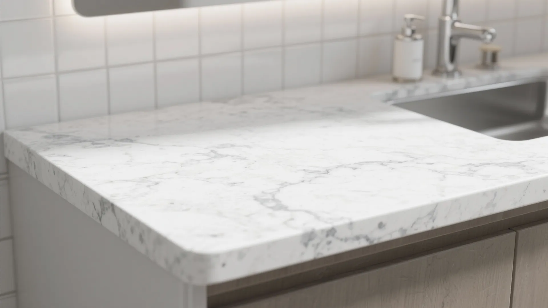 Close up view of white marble bathroom sink counter with grey veins and white tiles