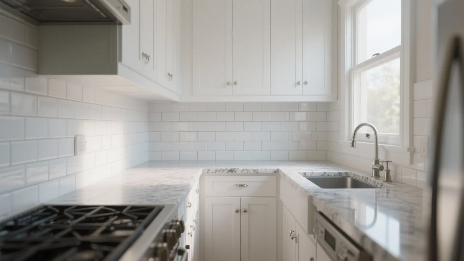 Small white kitchen design with marble countertops white subway tile wall cabinets and metal sink