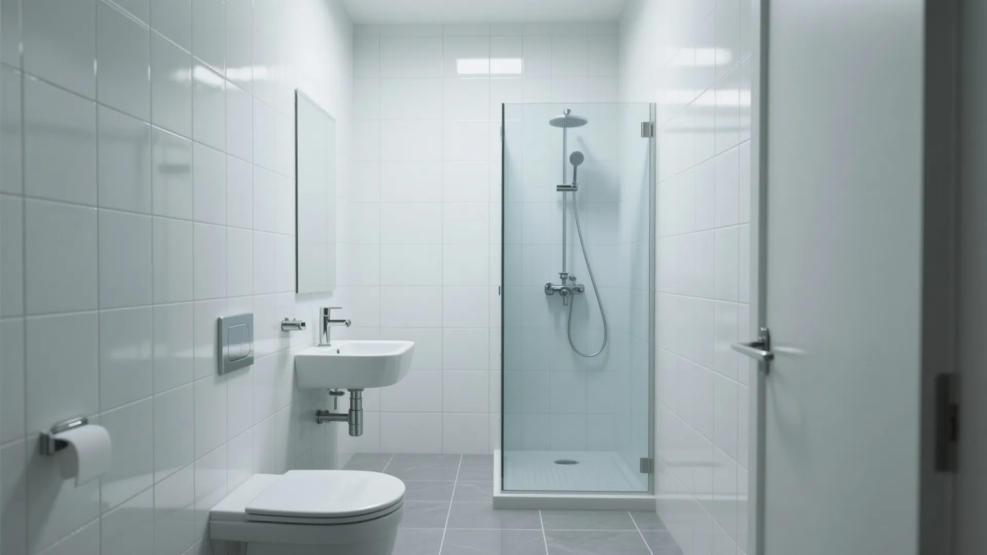Minimalist white bathroom featuring a glass shower door small sink white wall tiles and grey floor