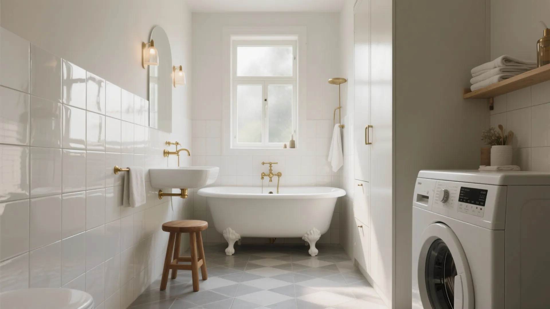 White bathroom with bathtub sink washing machine wooden stool wall light and window natural light