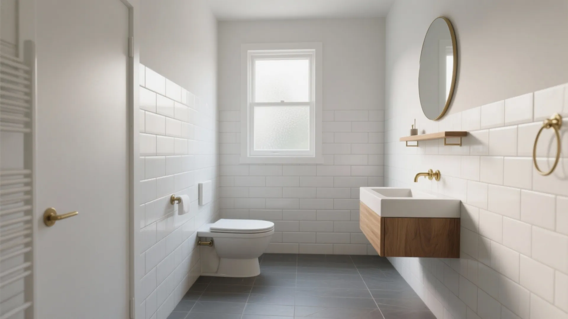 Modern white bathroom with subway wall tiles grey floor tiles toilet floating vanity and gold fixtures
